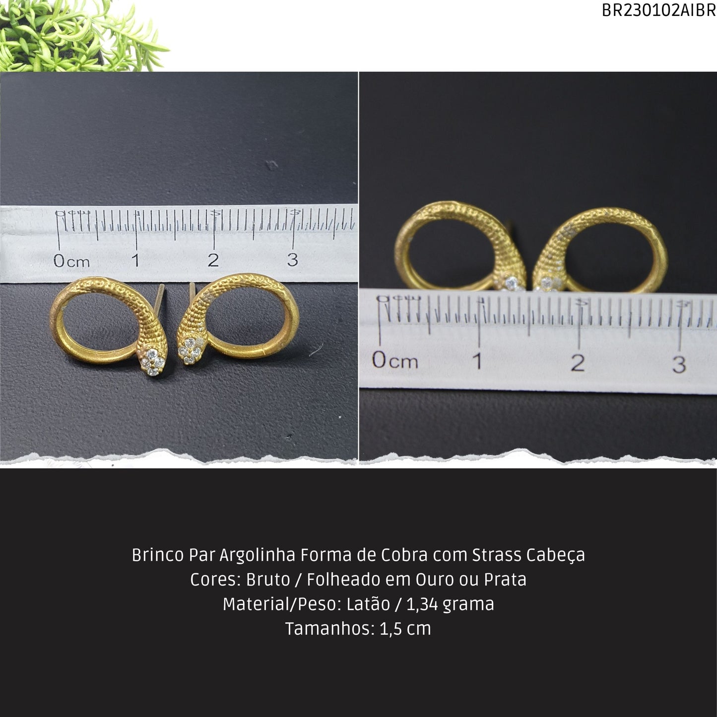 Brinco Par Argolinha Forma de Cobra com Strass Cabeça  - Código.: BR230102AIBR  - Peso.: 1.3 gr
