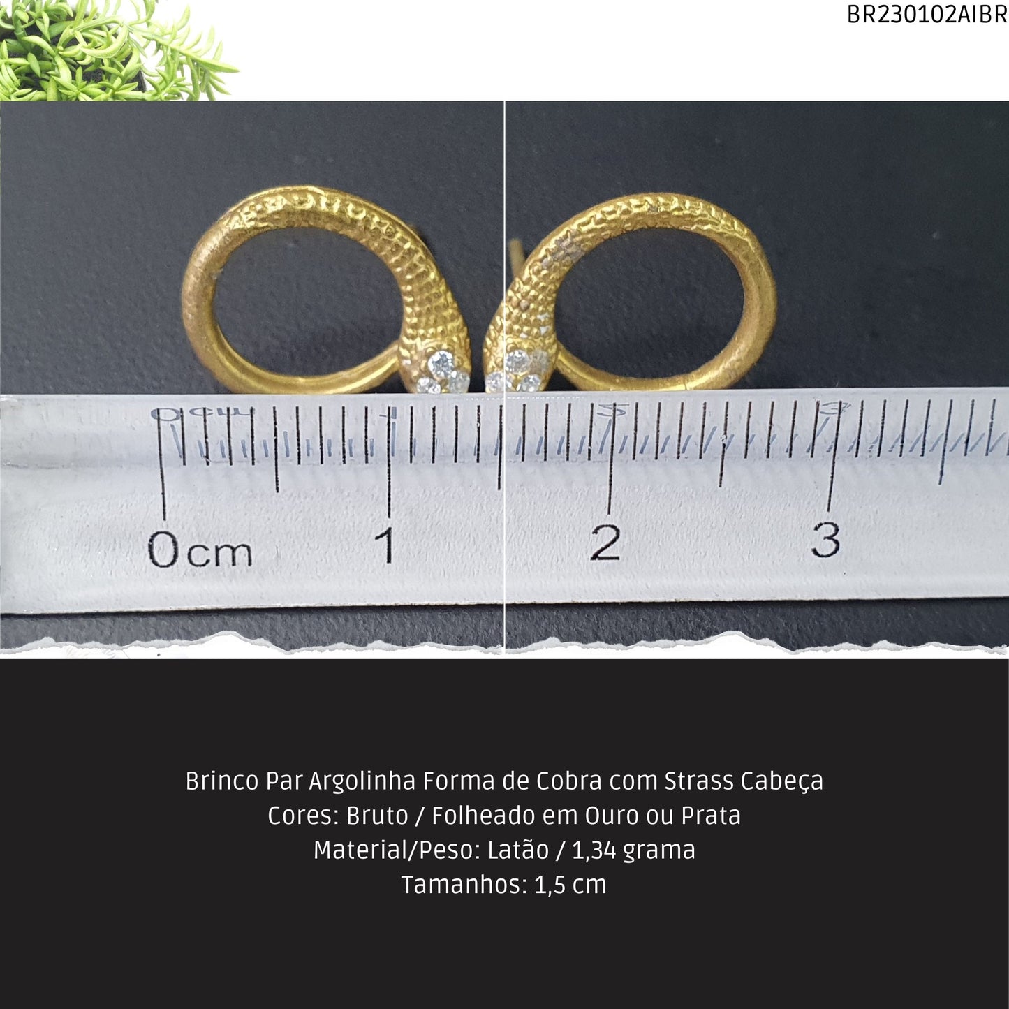 Brinco Par Argolinha Forma de Cobra com Strass Cabeça  - Código.: BR230102AIBR  - Peso.: 1.3 gr
