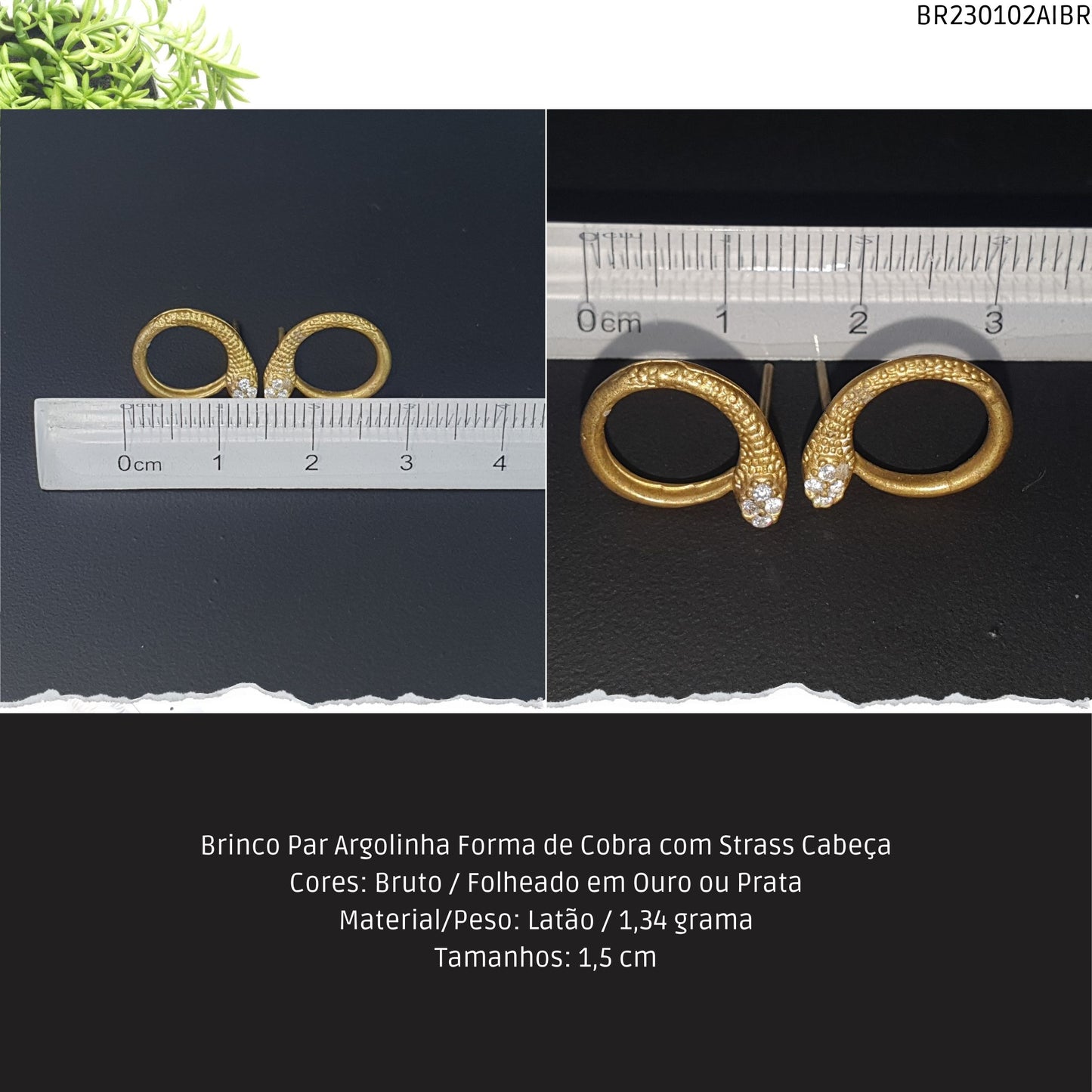 Brinco Par Argolinha Forma de Cobra com Strass Cabeça  - Código.: BR230102AIBR  - Peso.: 1.3 gr