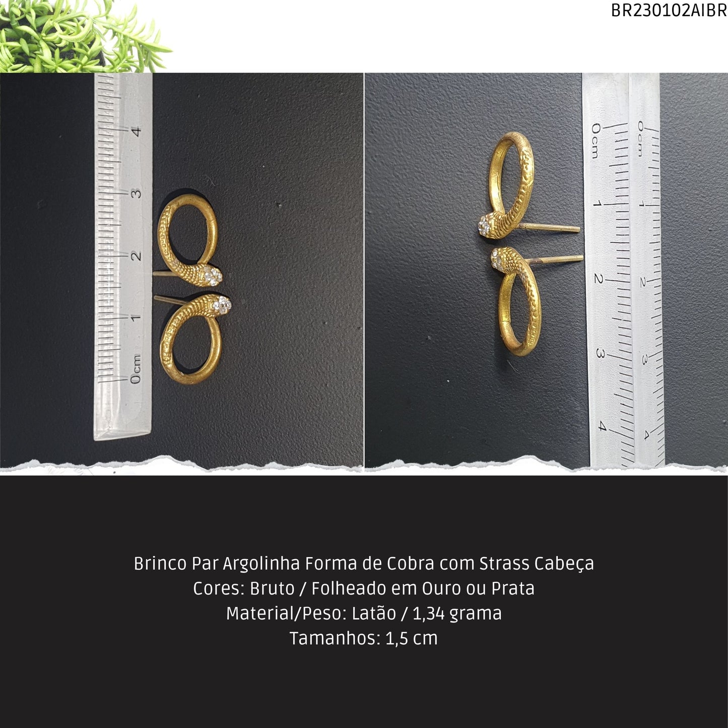 Brinco Par Argolinha Forma de Cobra com Strass Cabeça  - Código.: BR230102AIBR  - Peso.: 1.3 gr
