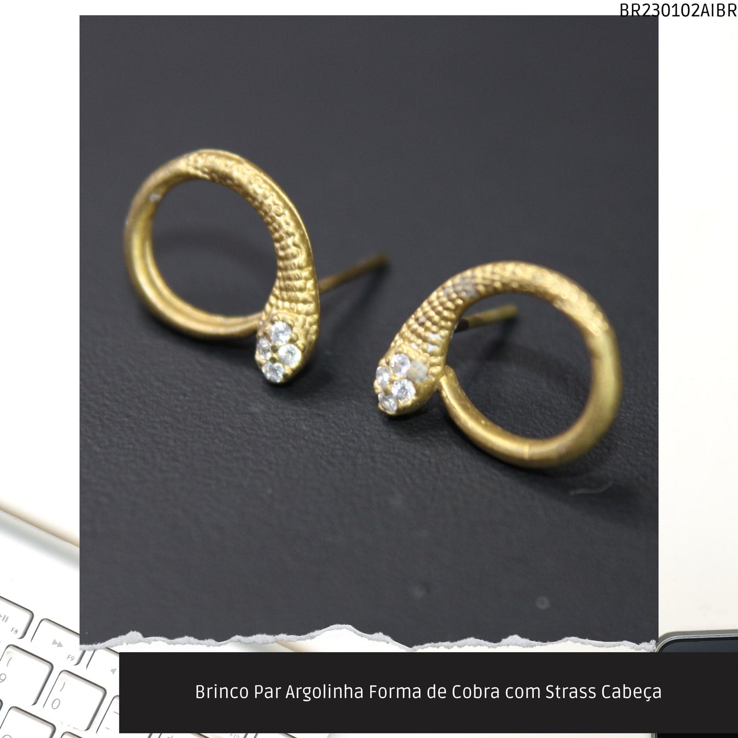 Brinco Par Argolinha Forma de Cobra com Strass Cabeça  - Código.: BR230102AIBR  - Peso.: 1.3 gr