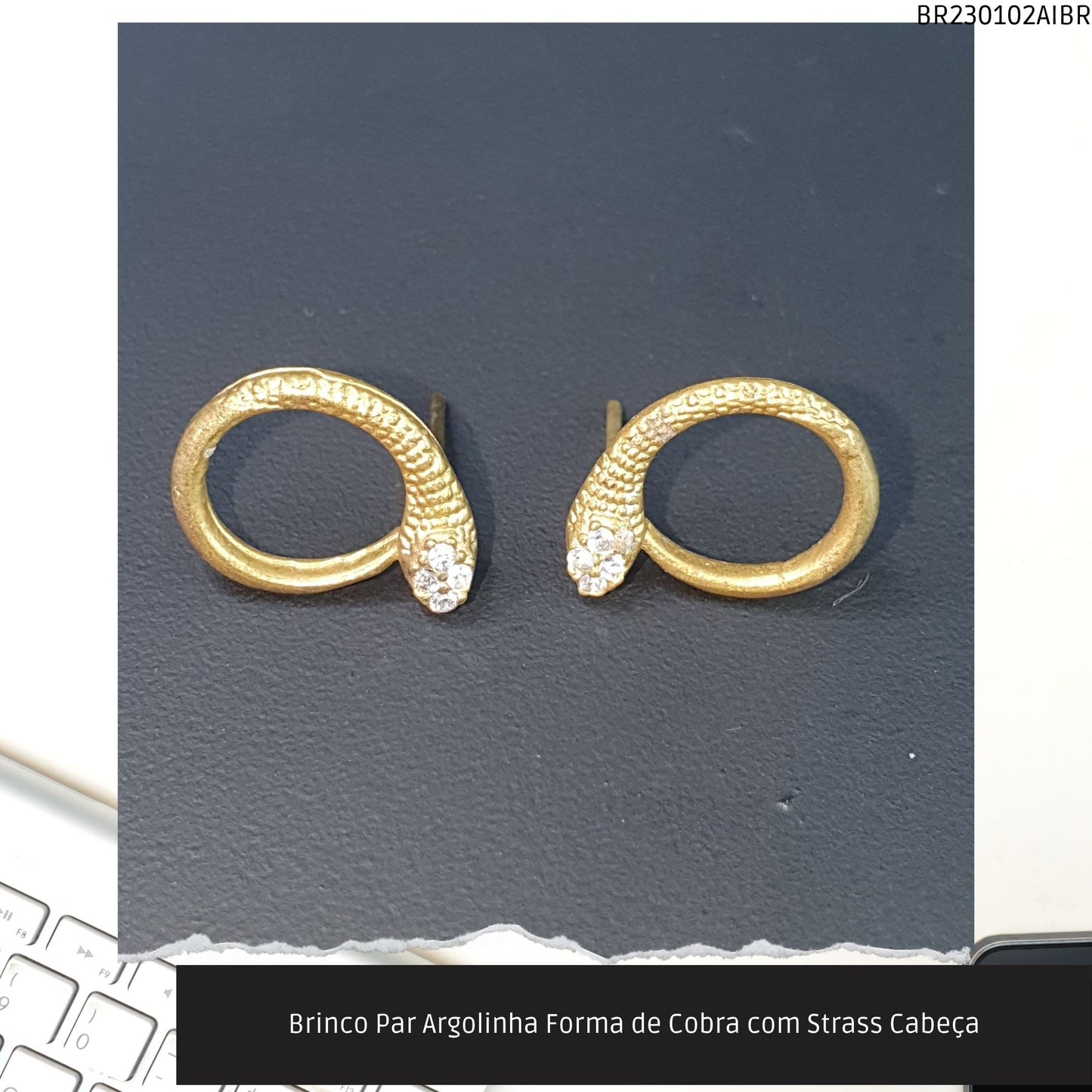 Brinco Par Argolinha Forma de Cobra com Strass Cabeça  - Código.: BR230102AIBR  - Peso.: 1.3 gr