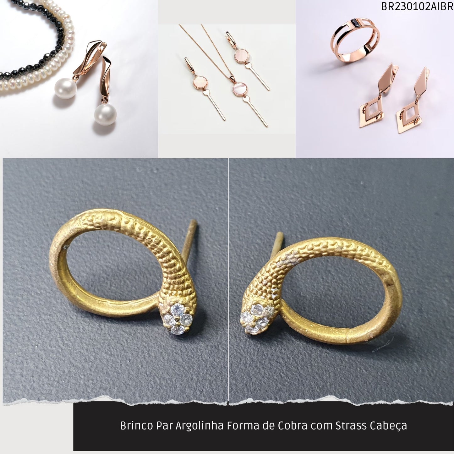 Brinco Par Argolinha Forma de Cobra com Strass Cabeça  - Código.: BR230102AIBR  - Peso.: 1.3 gr