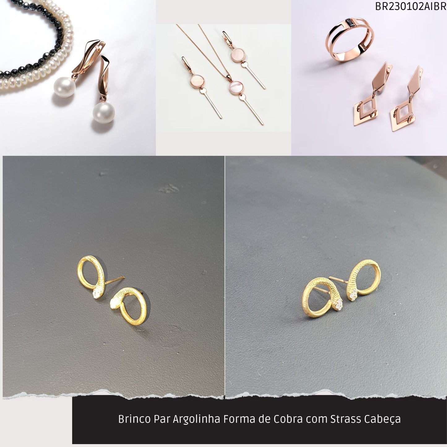Brinco Par Argolinha Forma de Cobra com Strass Cabeça  - Código.: BR230102AIBR  - Peso.: 1.3 gr