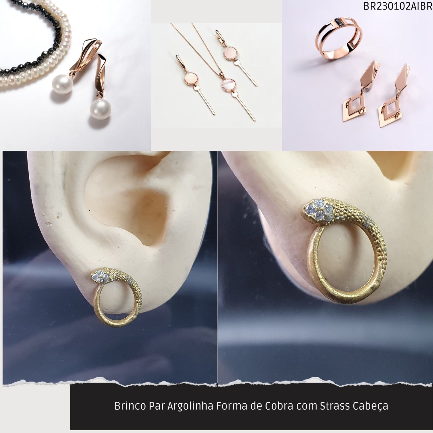 Brinco Par Argolinha Forma de Cobra com Strass Cabeça  - Código.: BR230102AIBR  - Peso.: 1.3 gr