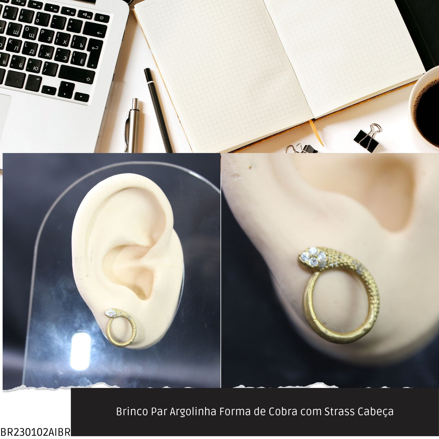 Brinco Par Argolinha Forma de Cobra com Strass Cabeça  - Código.: BR230102AIBR  - Peso.: 1.3 gr
