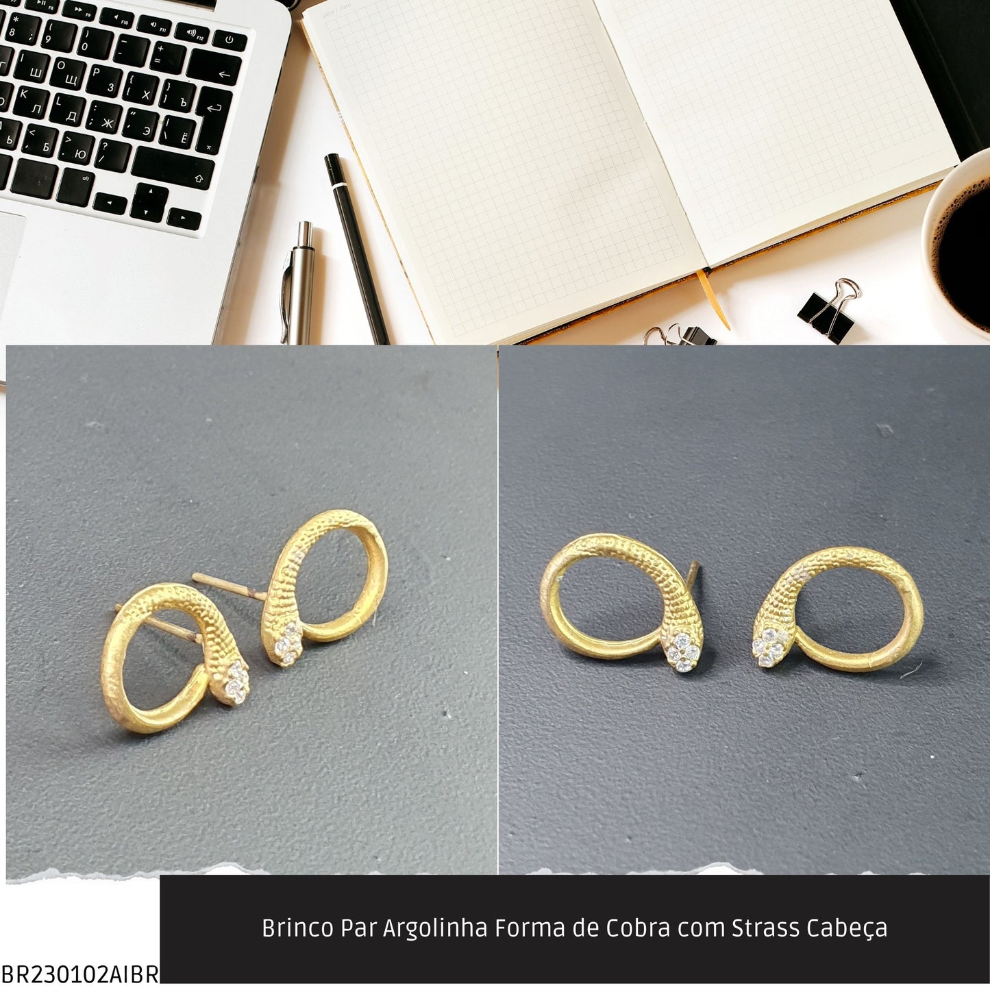 Brinco Par Argolinha Forma de Cobra com Strass Cabeça  - Código.: BR230102AIBR  - Peso.: 1.3 gr