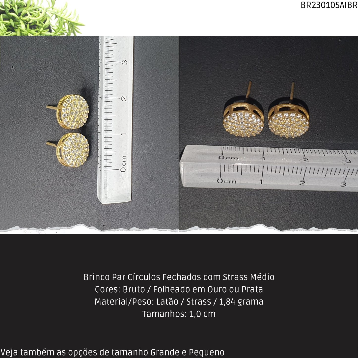 Brinco Par Círculos com Strass Médio  - Código.: BR230105AIBR  - Peso.: 1.8 gr
