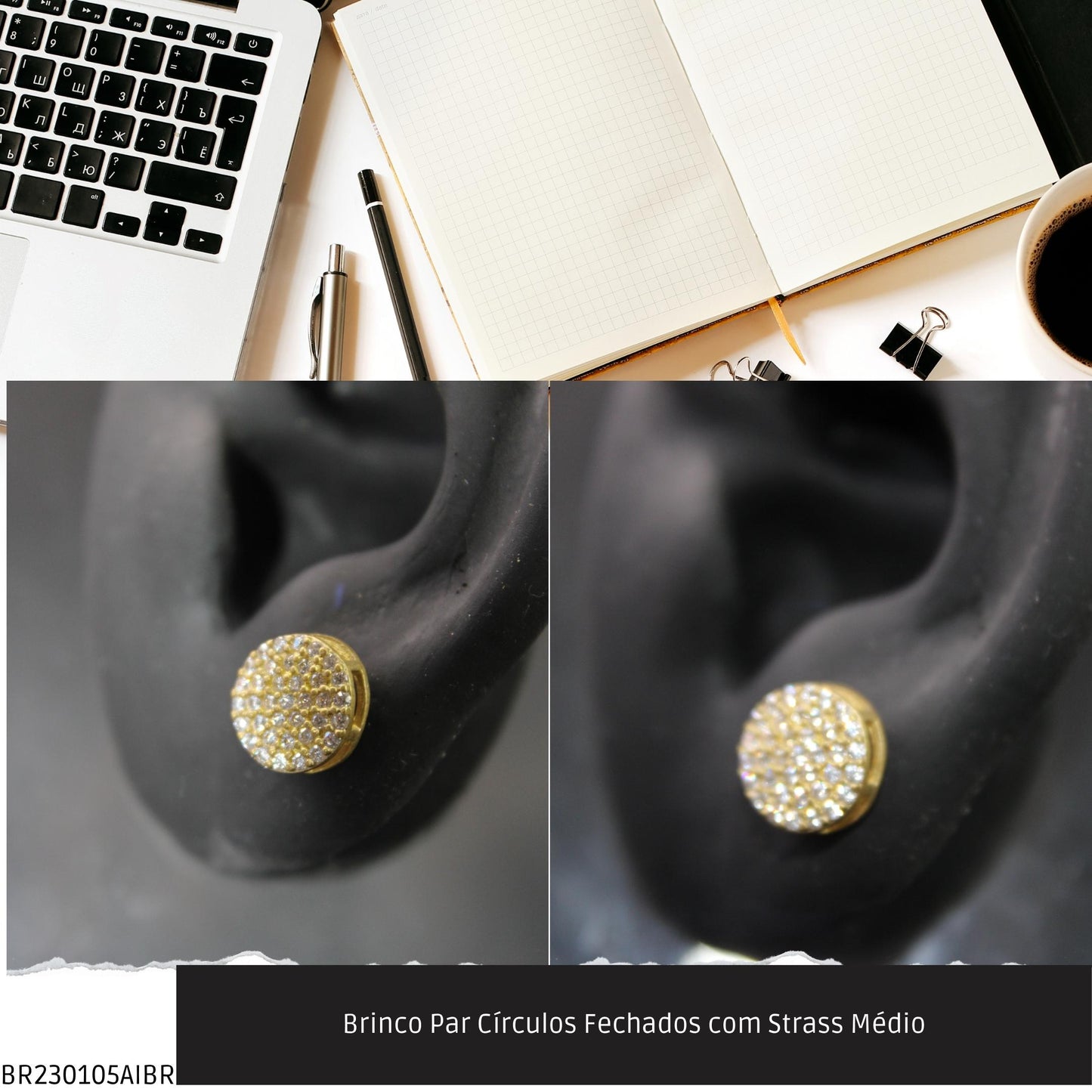Brinco Par Círculos com Strass Médio  - Código.: BR230105AIBR  - Peso.: 1.8 gr