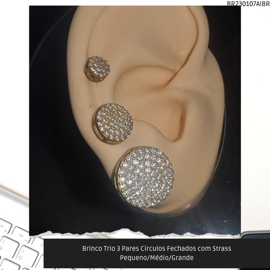 Brinco Trio 3 Pares Círculos com Strass Pequeno/Médio/Grande  - Código.: BR230107AIBR  - Peso.: 6.8 gr