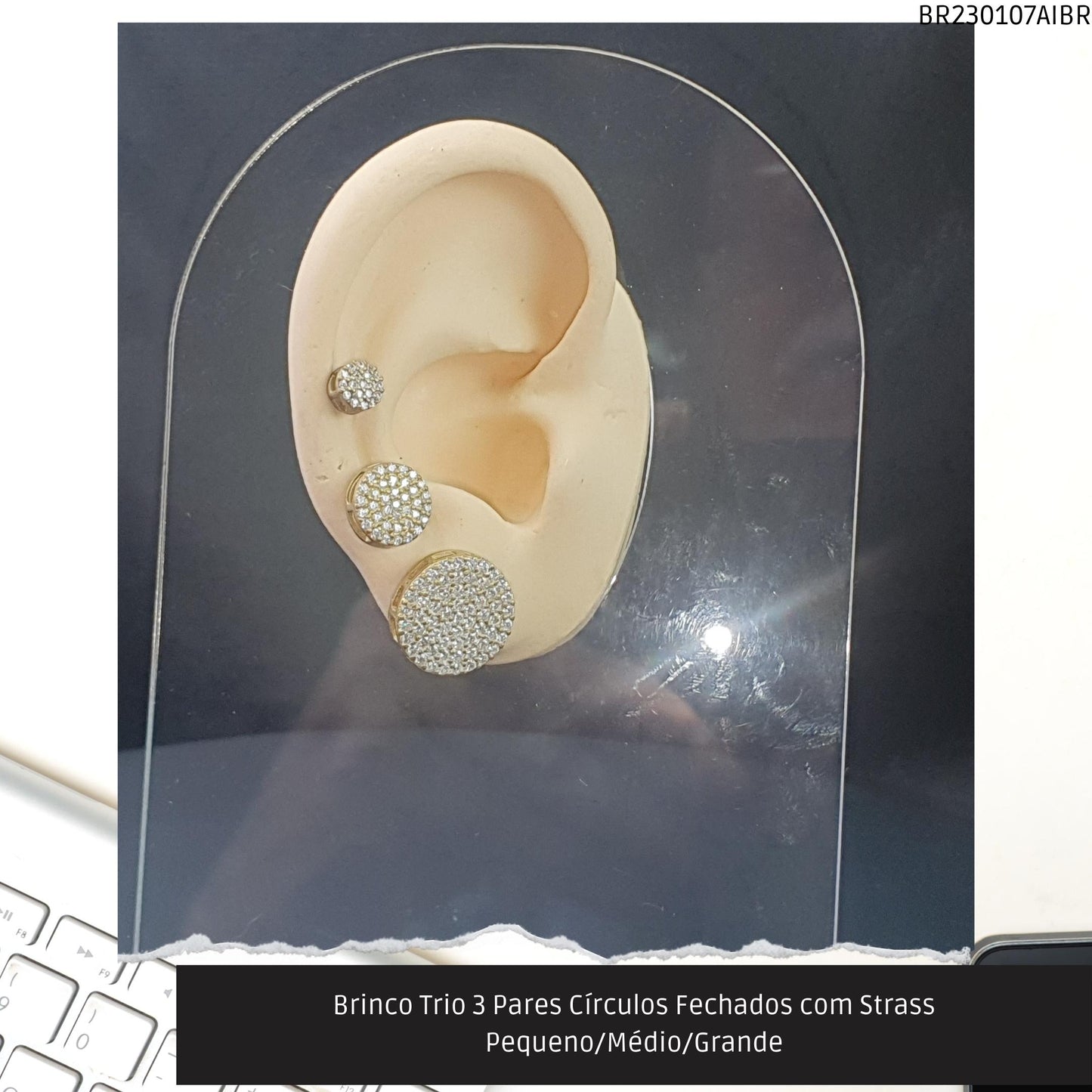 Brinco Trio 3 Pares Círculos com Strass Pequeno/Médio/Grande  - Código.: BR230107AIBR  - Peso.: 6.8 gr