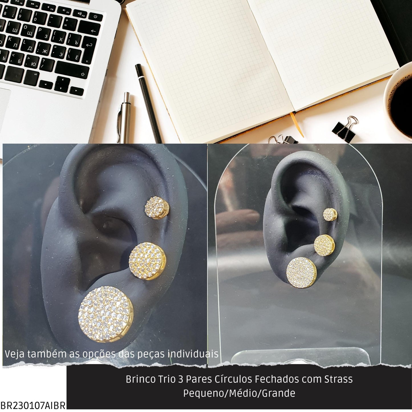 Brinco Trio 3 Pares Círculos com Strass Pequeno/Médio/Grande  - Código.: BR230107AIBR  - Peso.: 6.8 gr