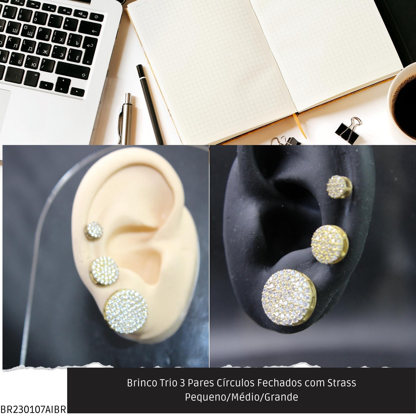 Brinco Trio 3 Pares Círculos com Strass Pequeno/Médio/Grande  - Código.: BR230107AIBR  - Peso.: 6.8 gr