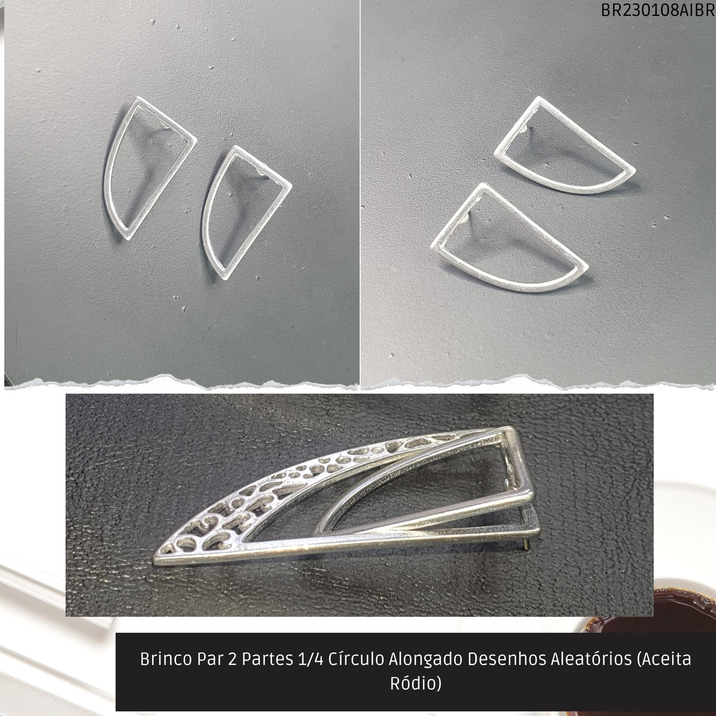 Brinco Par 2 Partes 1/4 Círculo Alongado Desenhos Aleatórios (Aceita Ródio)  - Código.: BR230108AIBR  - Peso.: 6.9 gr