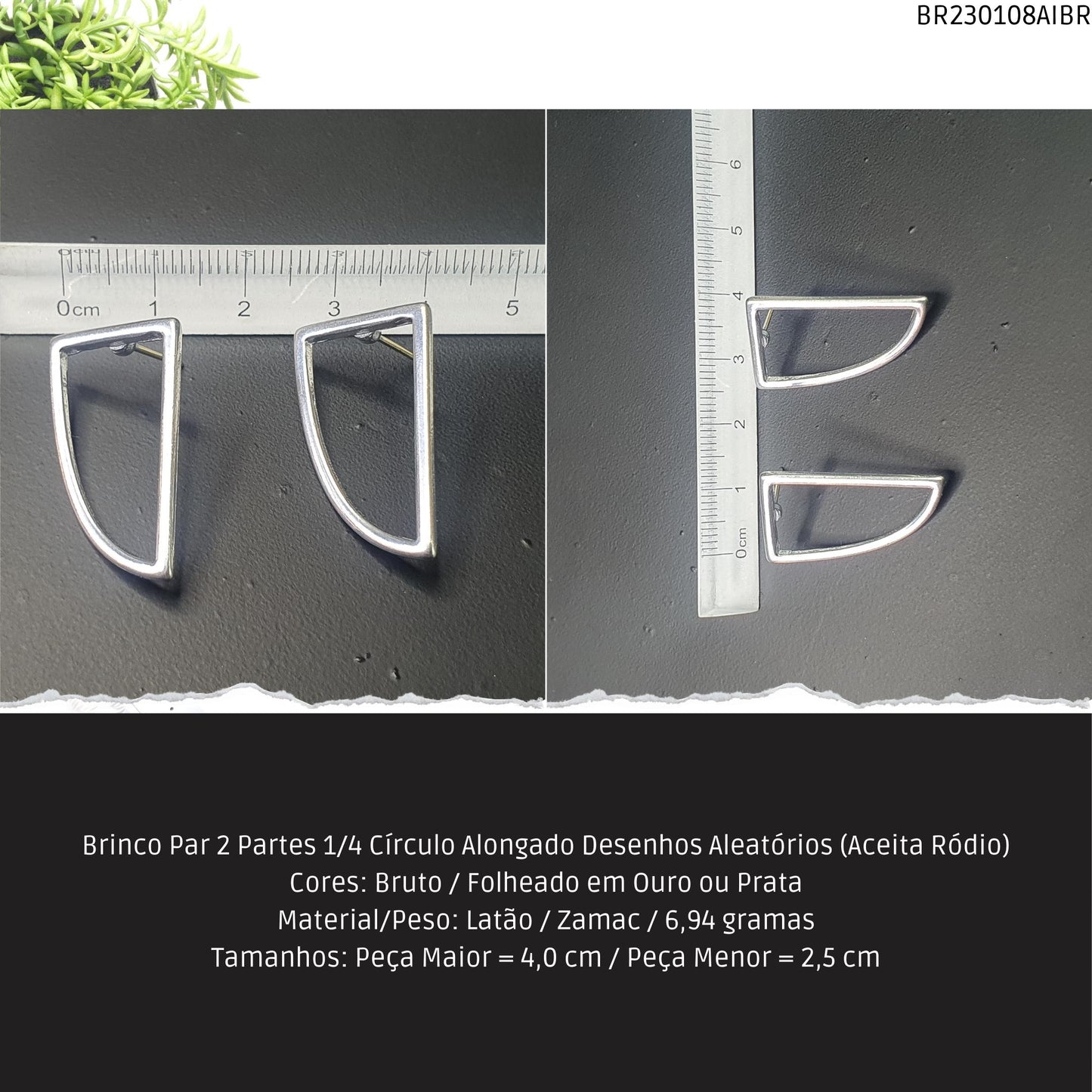 Brinco Par 2 Partes 1/4 Círculo Alongado Desenhos Aleatórios (Aceita Ródio)  - Código.: BR230108AIBR  - Peso.: 6.9 gr