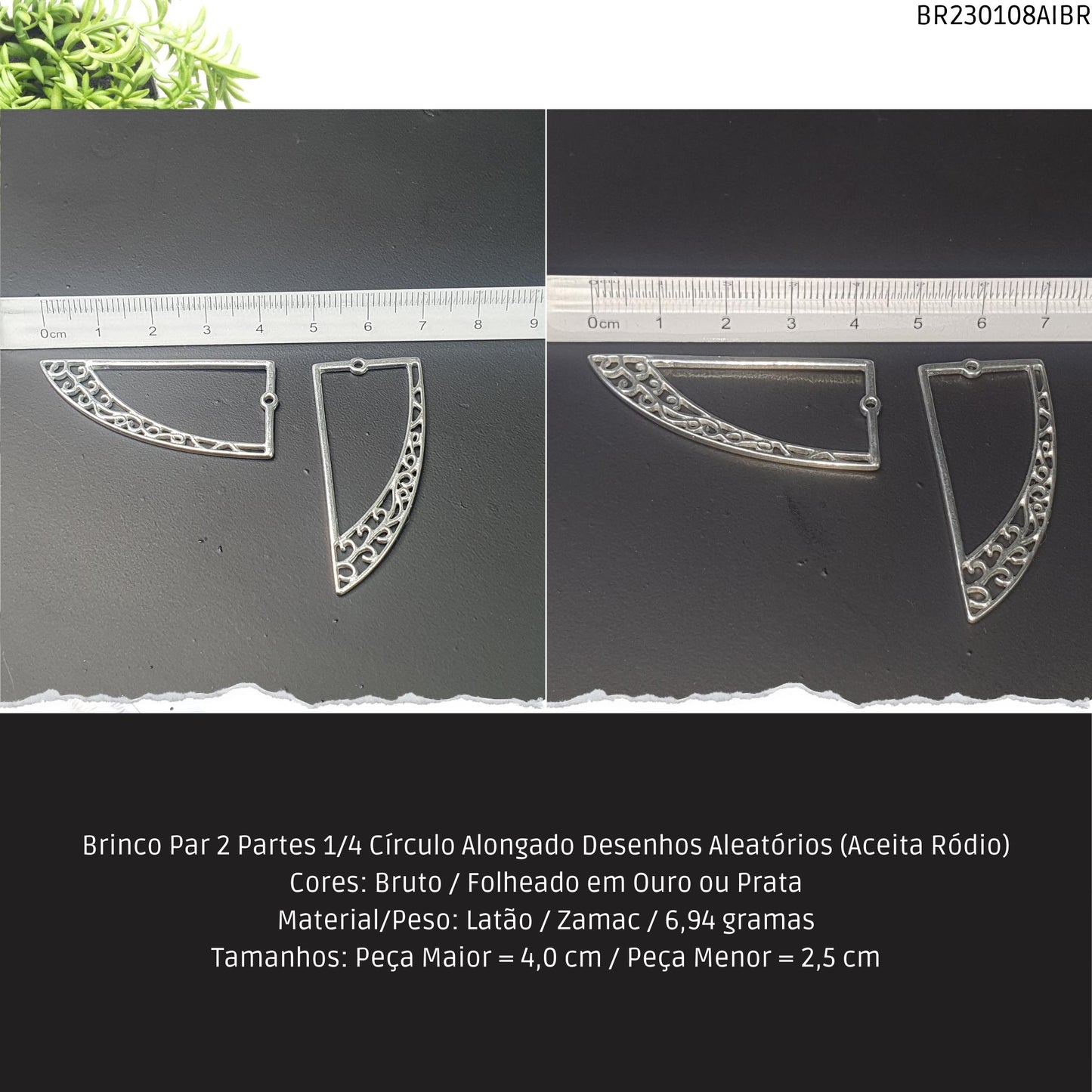 Brinco Par 2 Partes 1/4 Círculo Alongado Desenhos Aleatórios (Aceita Ródio)  - Código.: BR230108AIBR  - Peso.: 6.9 gr