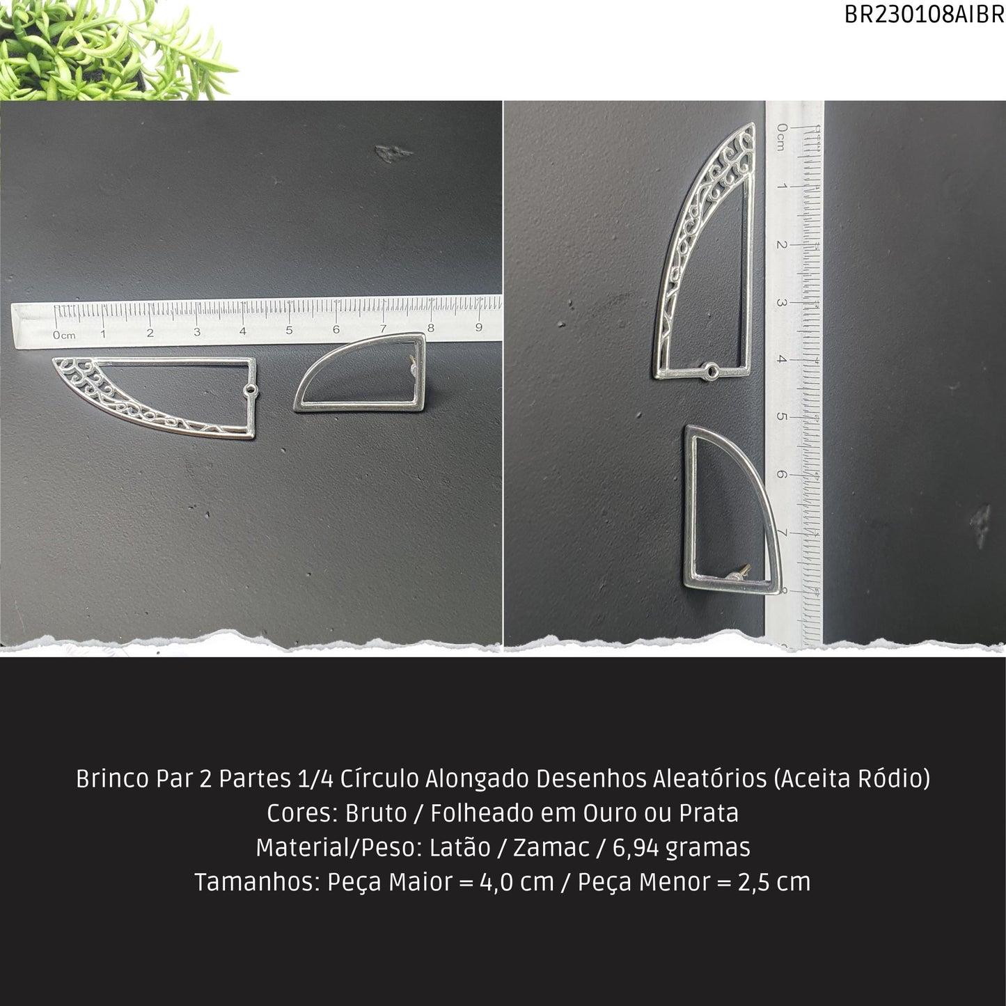 Brinco Par 2 Partes 1/4 Círculo Alongado Desenhos Aleatórios (Aceita Ródio)  - Código.: BR230108AIBR  - Peso.: 6.9 gr