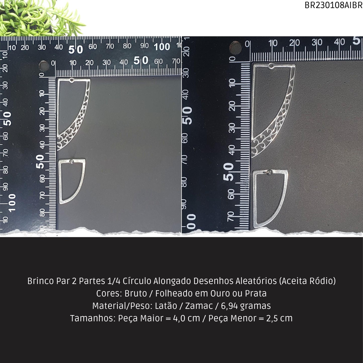 Brinco Par 2 Partes 1/4 Círculo Alongado Desenhos Aleatórios (Aceita Ródio)  - Código.: BR230108AIBR  - Peso.: 6.9 gr