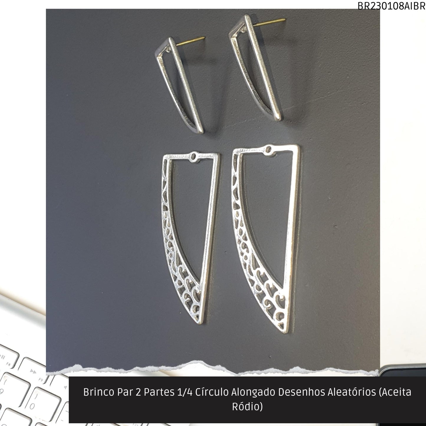 Brinco Par 2 Partes 1/4 Círculo Alongado Desenhos Aleatórios (Aceita Ródio)  - Código.: BR230108AIBR  - Peso.: 6.9 gr
