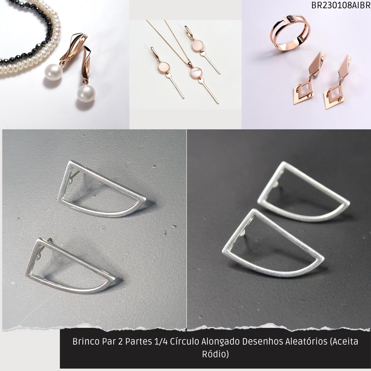 Brinco Par 2 Partes 1/4 Círculo Alongado Desenhos Aleatórios (Aceita Ródio)  - Código.: BR230108AIBR  - Peso.: 6.9 gr