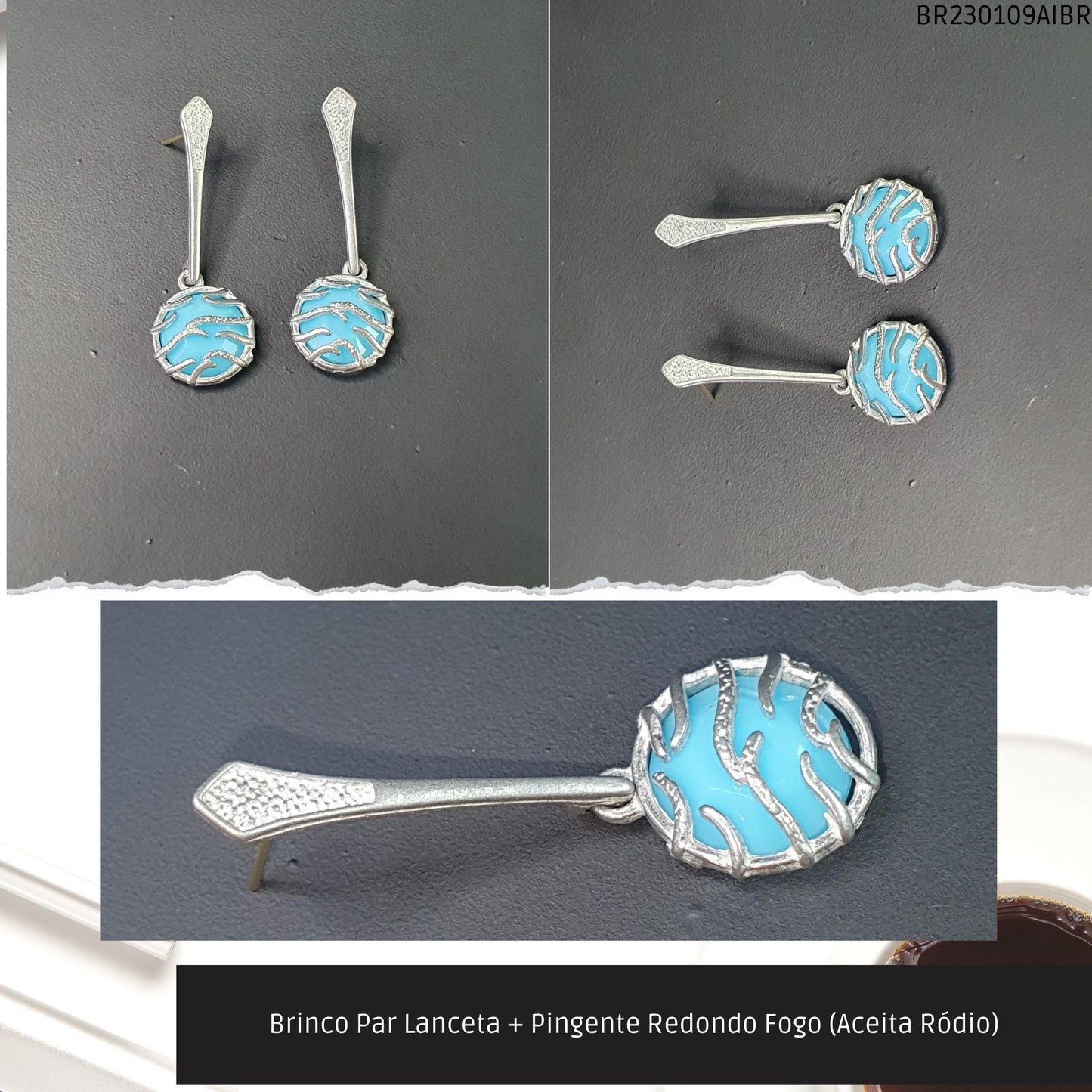 Brinco Par Lanceta + Pingente Redondo Fogo (Aceita Ródio)  - Código.: BR230109AIBR  - Peso.: 3.8 gr
