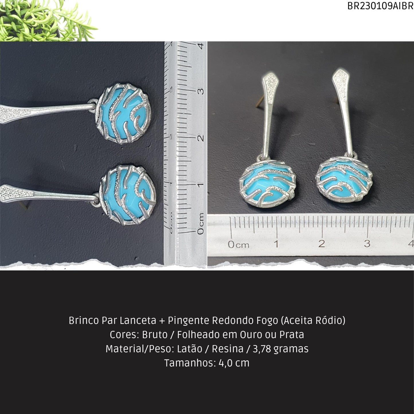 Brinco Par Lanceta + Pingente Redondo Fogo (Aceita Ródio)  - Código.: BR230109AIBR  - Peso.: 3.8 gr