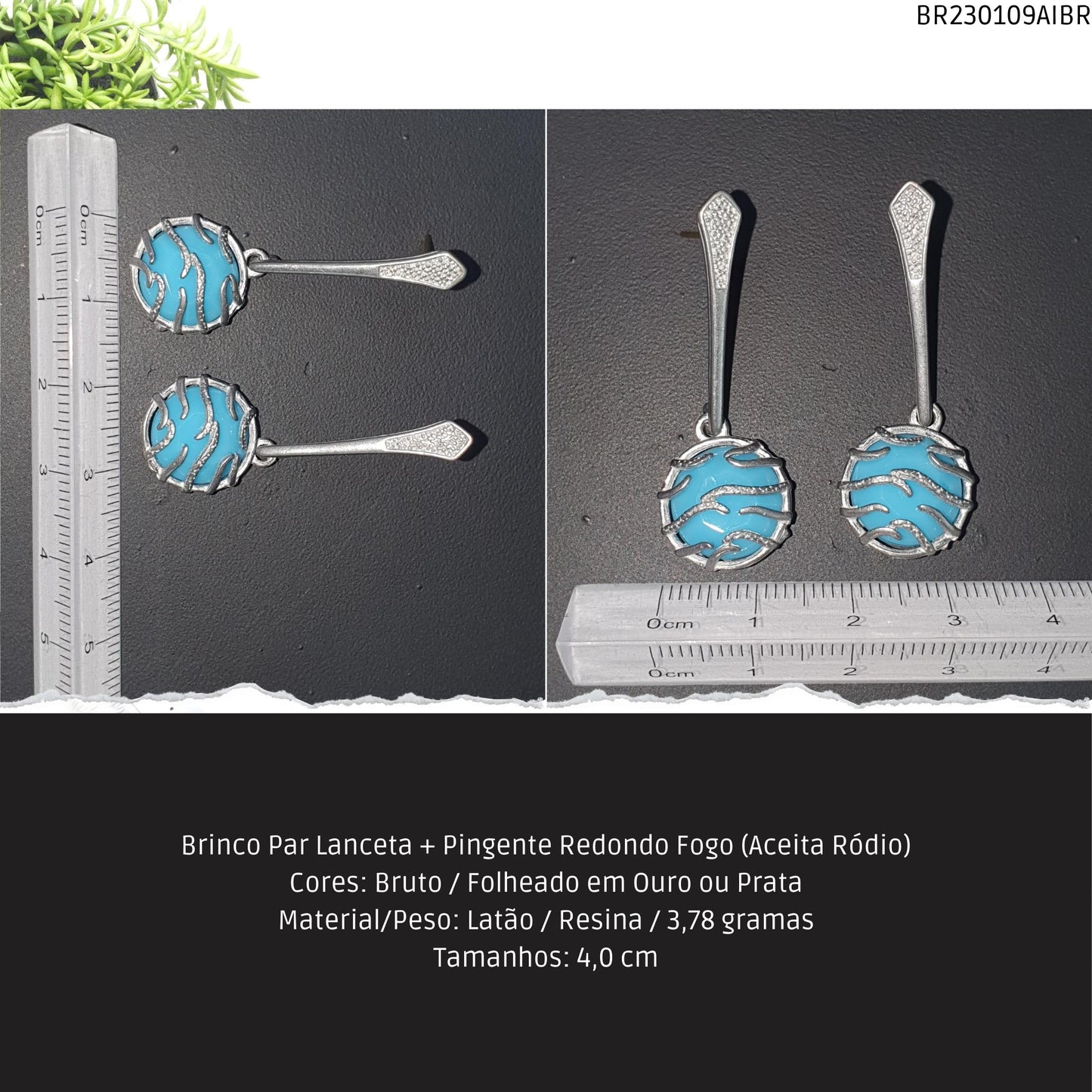 Brinco Par Lanceta + Pingente Redondo Fogo (Aceita Ródio)  - Código.: BR230109AIBR  - Peso.: 3.8 gr