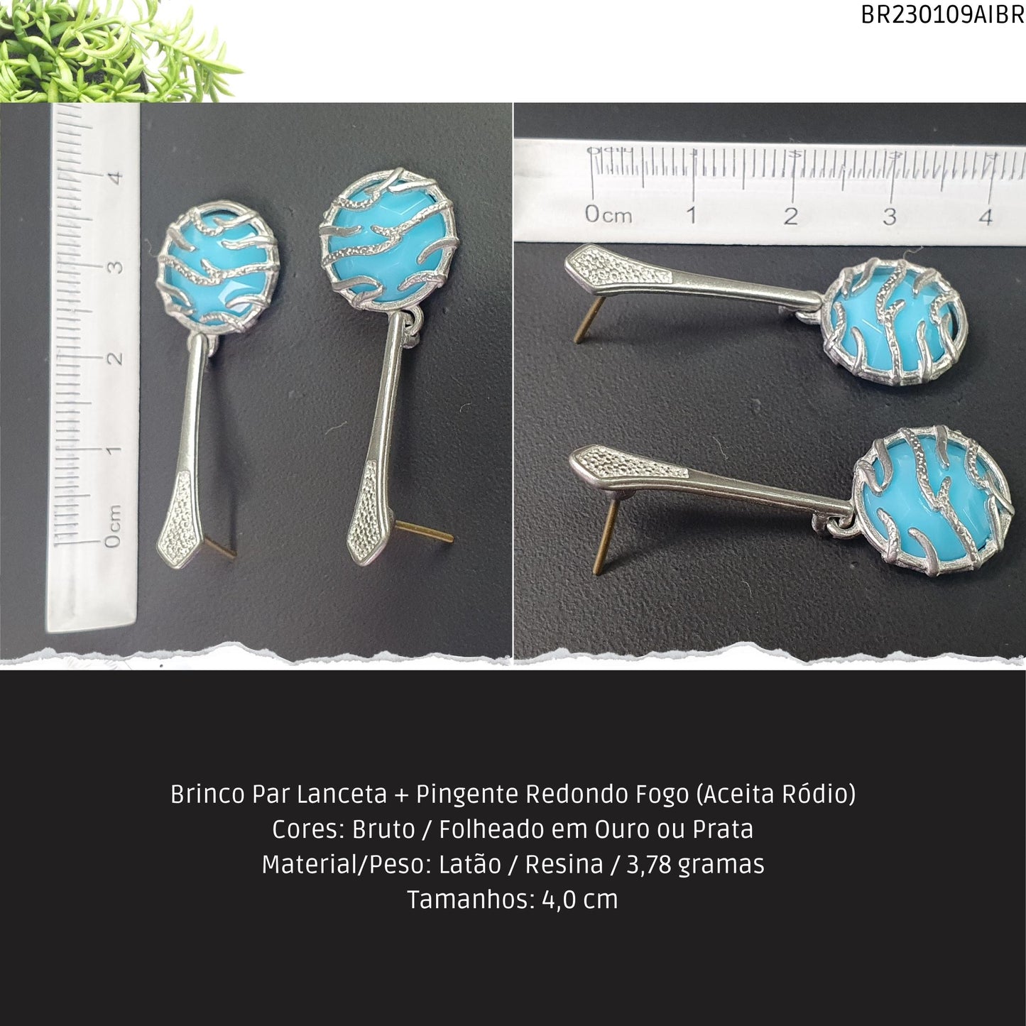 Brinco Par Lanceta + Pingente Redondo Fogo (Aceita Ródio)  - Código.: BR230109AIBR  - Peso.: 3.8 gr