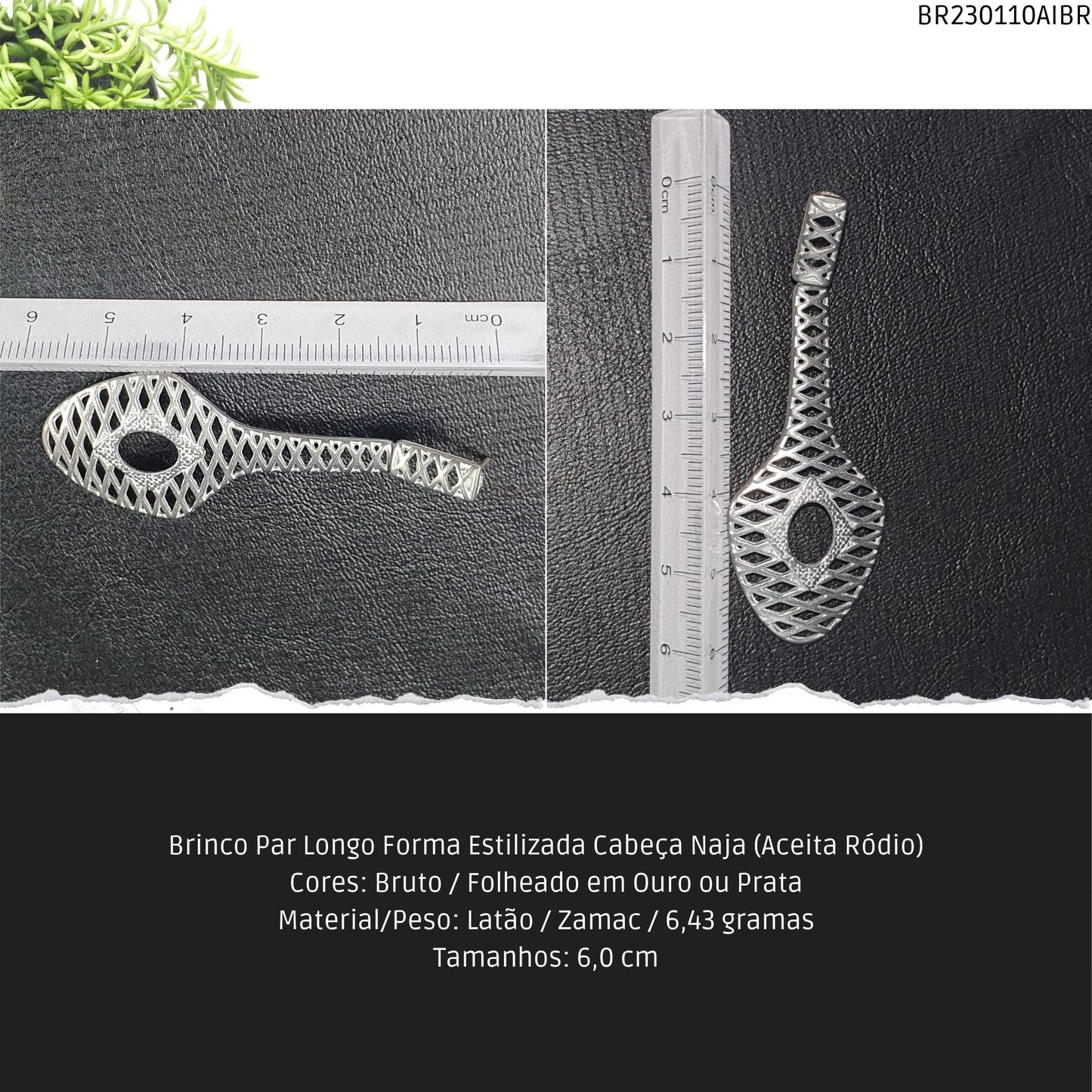 Brinco Par Longo Forma Estilizada Cabeça Naja (Aceita Ródio)  - Código.: BR230110AIBR  - Peso.: 6.4 gr