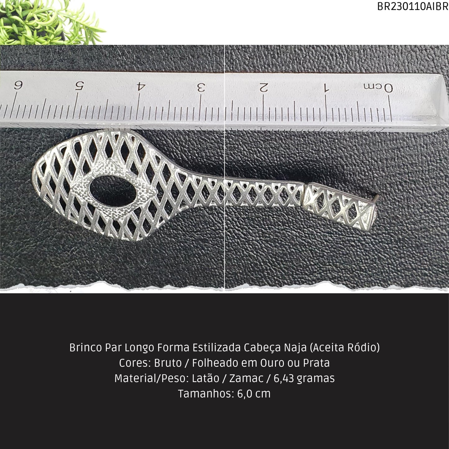 Brinco Par Longo Forma Estilizada Cabeça Naja (Aceita Ródio)  - Código.: BR230110AIBR  - Peso.: 6.4 gr