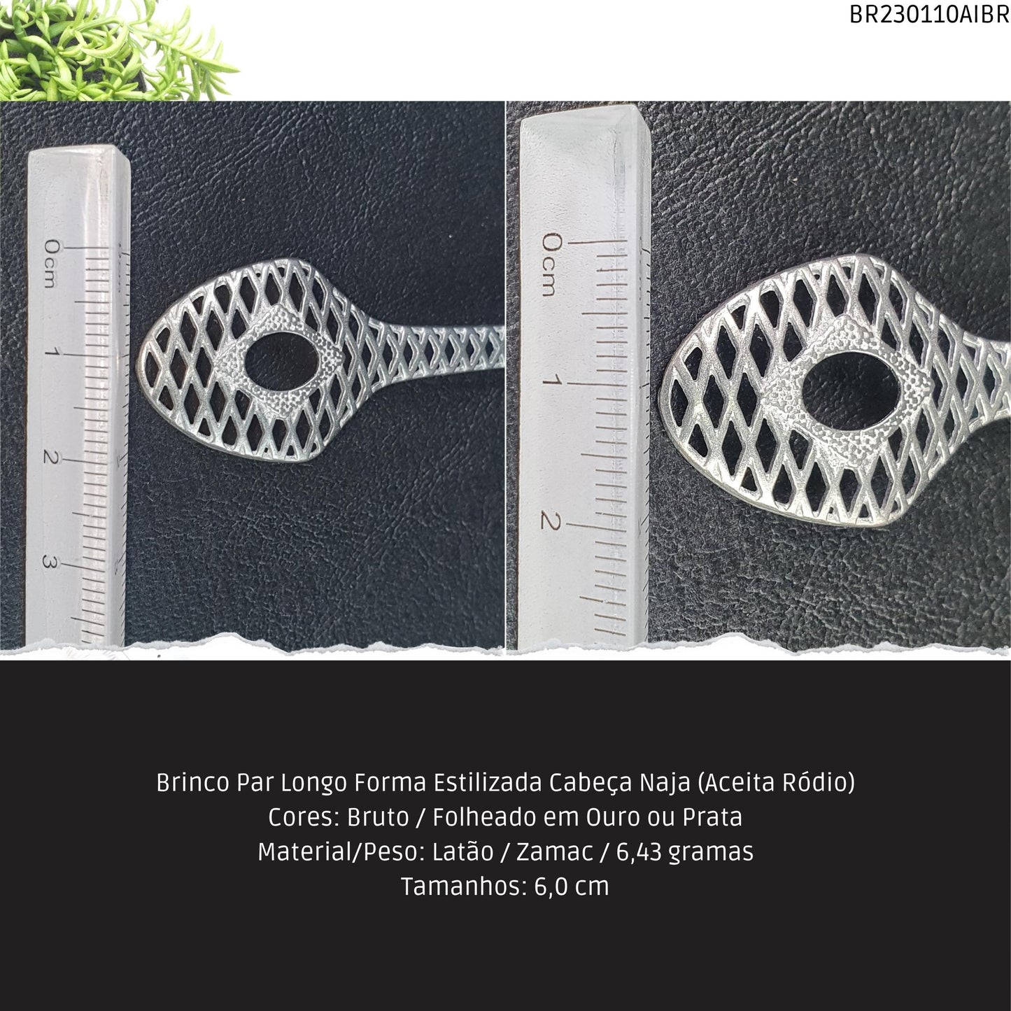 Brinco Par Longo Forma Estilizada Cabeça Naja (Aceita Ródio)  - Código.: BR230110AIBR  - Peso.: 6.4 gr