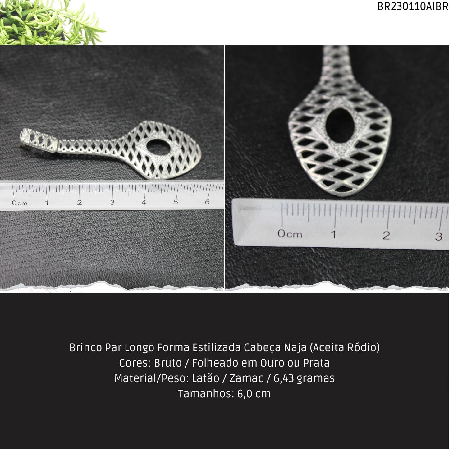 Brinco Par Longo Forma Estilizada Cabeça Naja (Aceita Ródio)  - Código.: BR230110AIBR  - Peso.: 6.4 gr