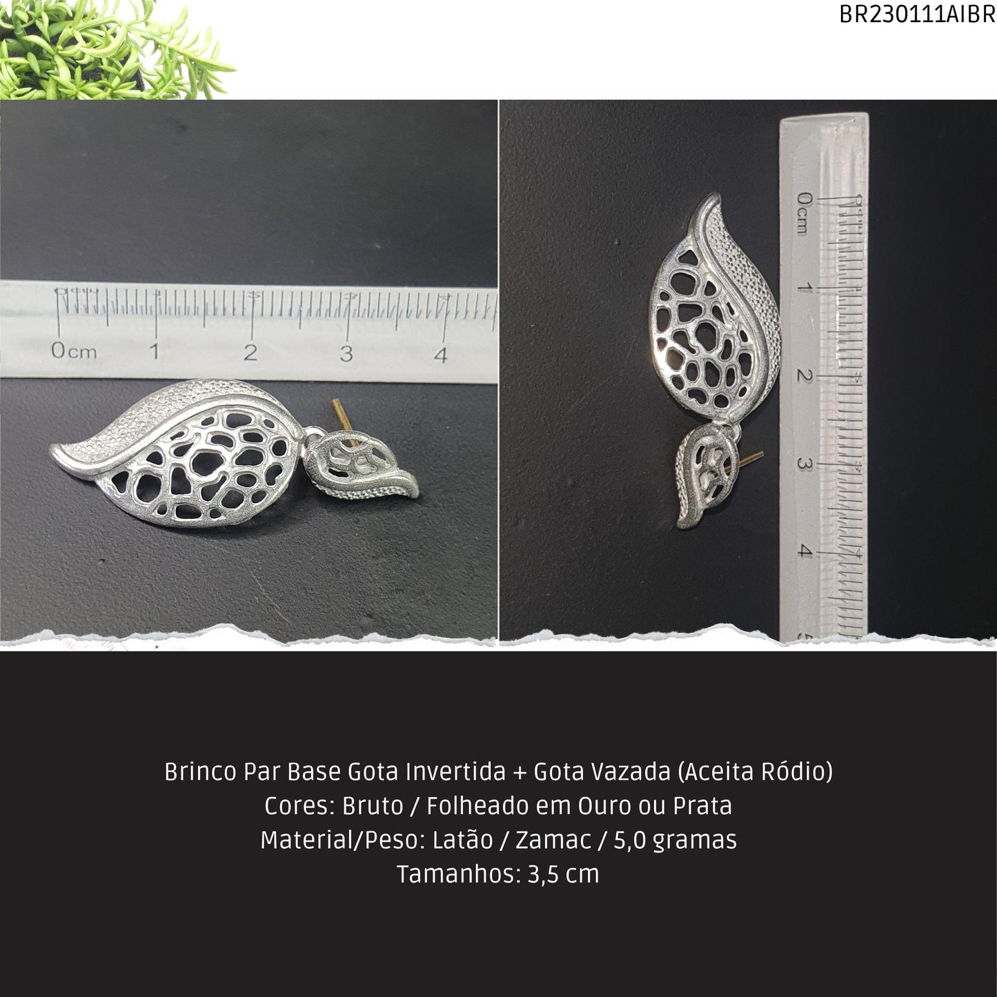 Brinco Par Base Gota Invertida + Gota Vazada (Aceita Ródio)  - Código.: BR230111AIBR  - Peso.: 5.0 gr