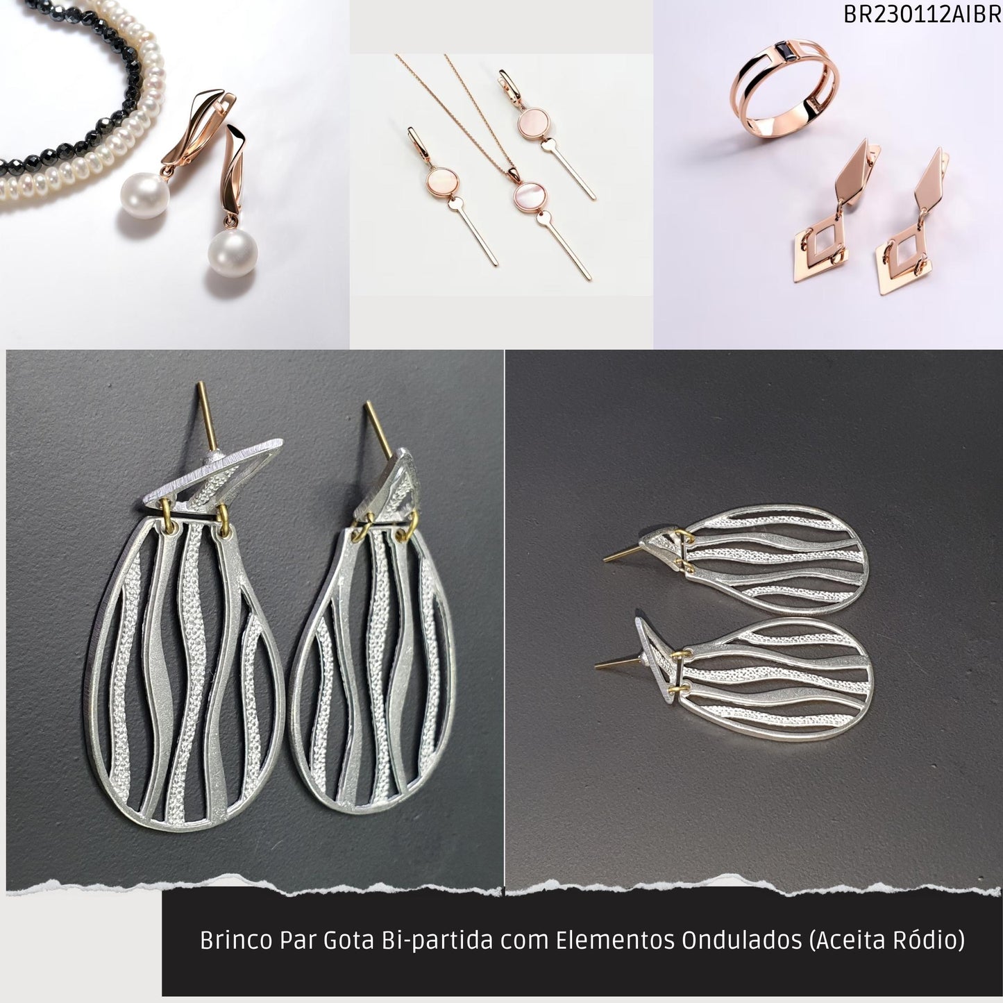 Brinco Par Gota Bi-partida com Elementos Ondulados (Aceita Ródio)  - Código.: BR230112AIBR  - Peso.: 5.0 gr