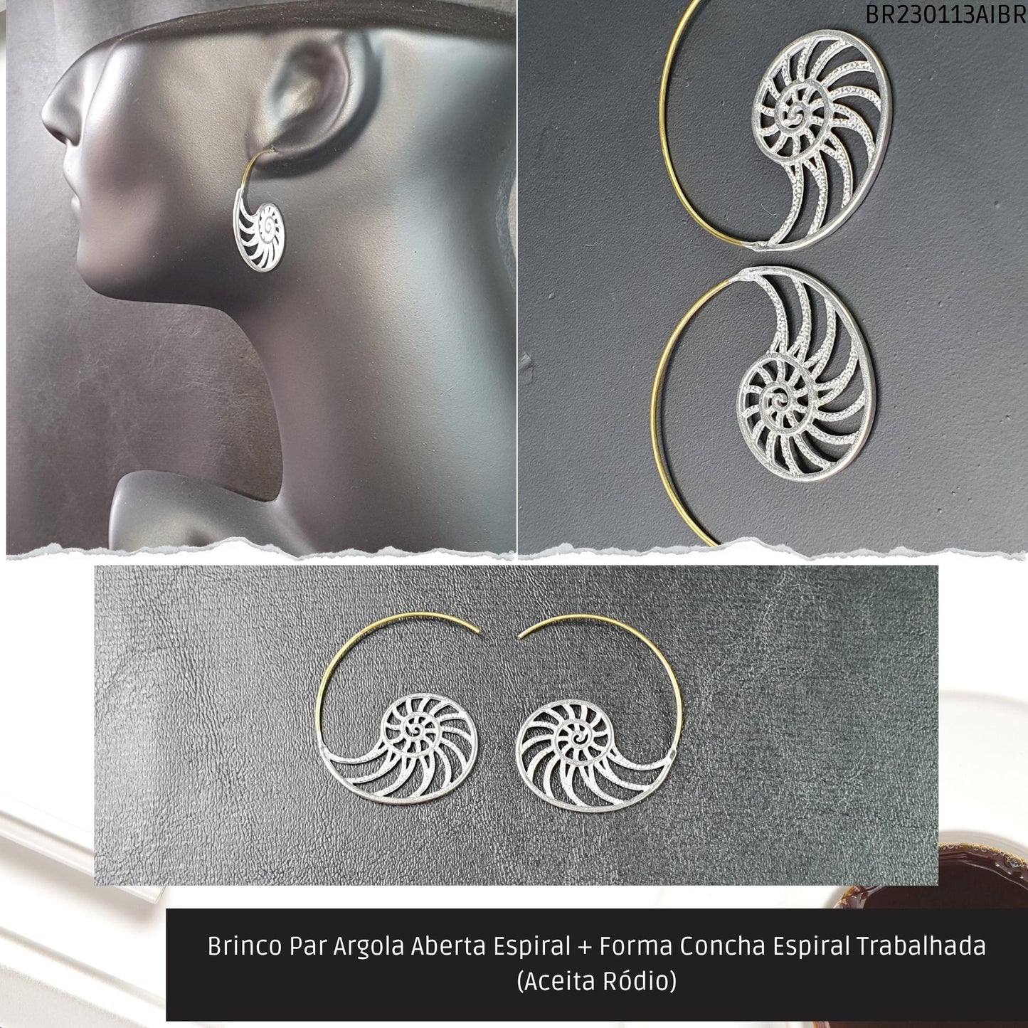 Brinco Par Argola Aberta Espiral + Forma Espiral Trabalhada (Aceita Ródio)  - Código.: BR230113AIBR  - Peso.: 6.9 gr