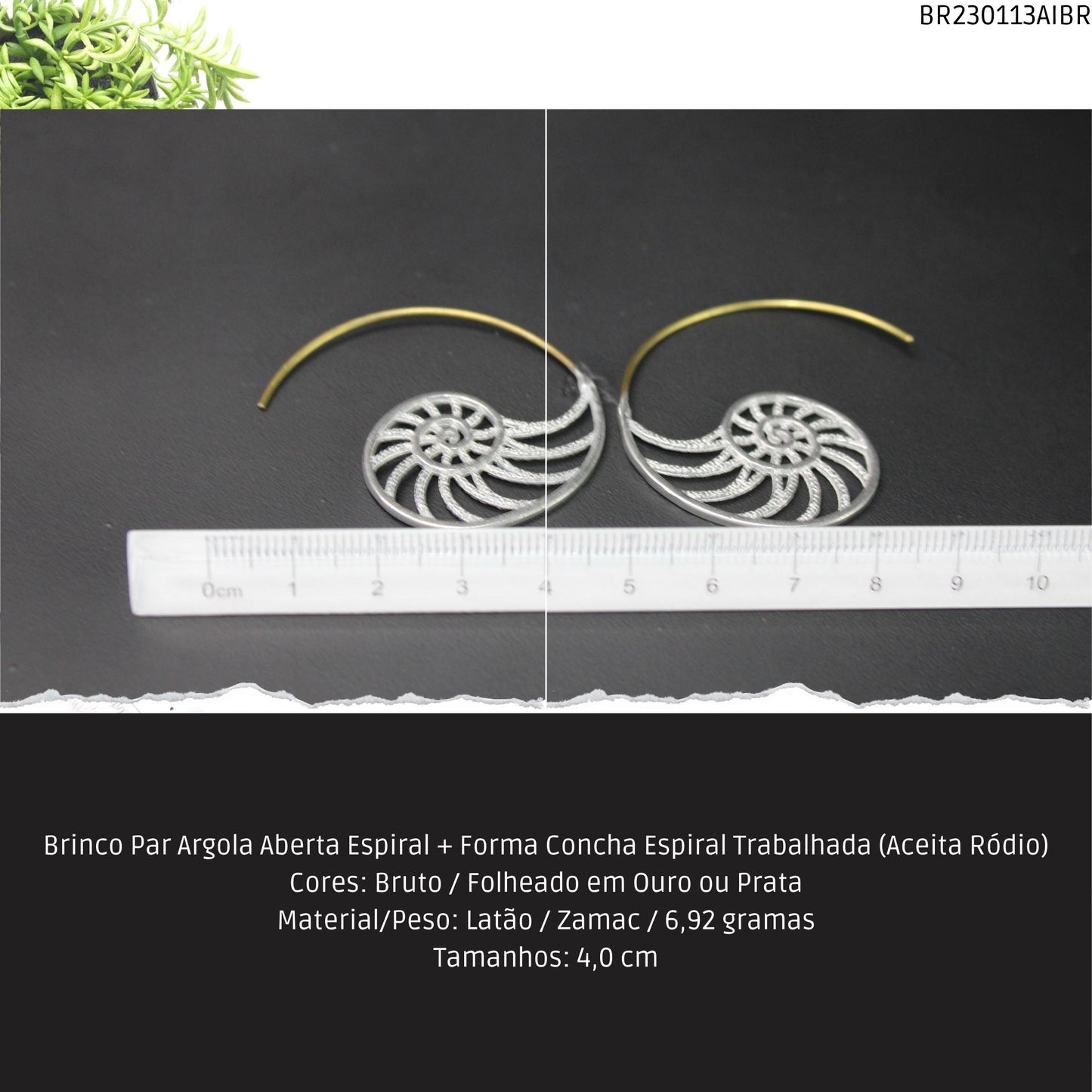 Brinco Par Argola Aberta Espiral + Forma Espiral Trabalhada (Aceita Ródio)  - Código.: BR230113AIBR  - Peso.: 6.9 gr
