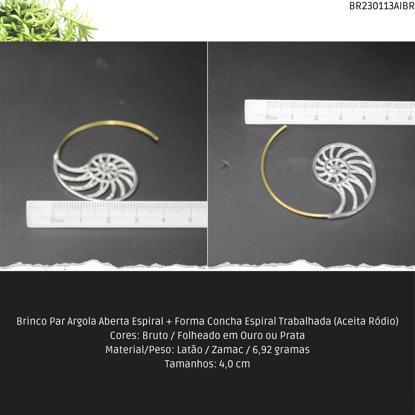 Brinco Par Argola Aberta Espiral + Forma Espiral Trabalhada (Aceita Ródio)  - Código.: BR230113AIBR  - Peso.: 6.9 gr