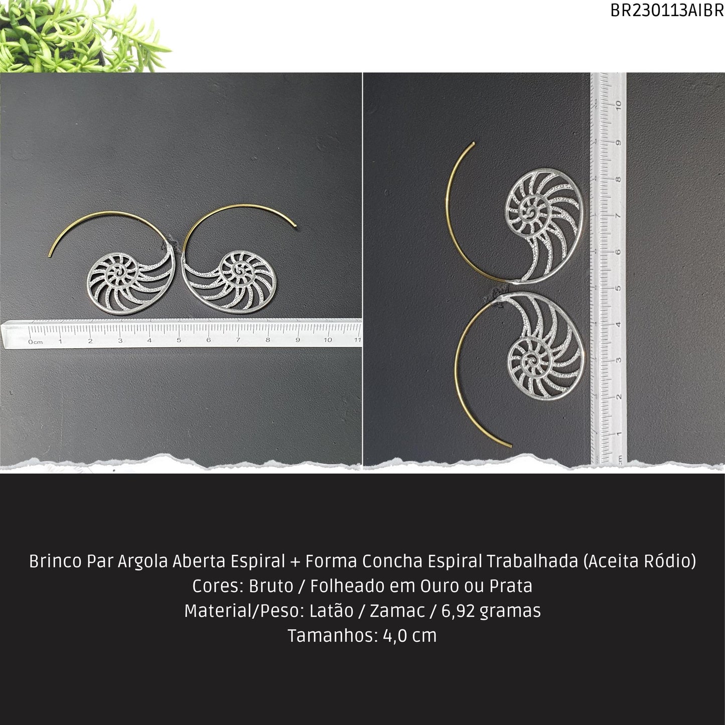 Brinco Par Argola Aberta Espiral + Forma Espiral Trabalhada (Aceita Ródio)  - Código.: BR230113AIBR  - Peso.: 6.9 gr