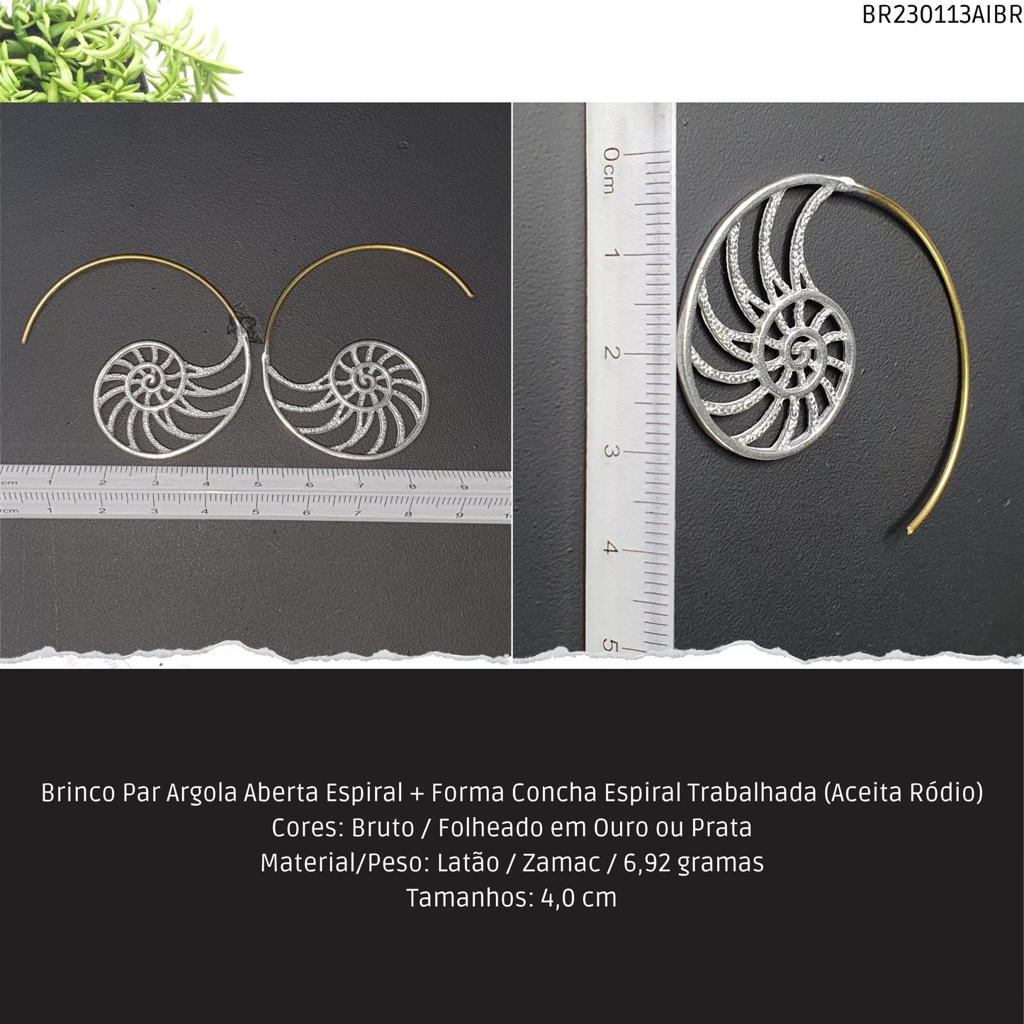 Brinco Par Argola Aberta Espiral + Forma Espiral Trabalhada (Aceita Ródio)  - Código.: BR230113AIBR  - Peso.: 6.9 gr