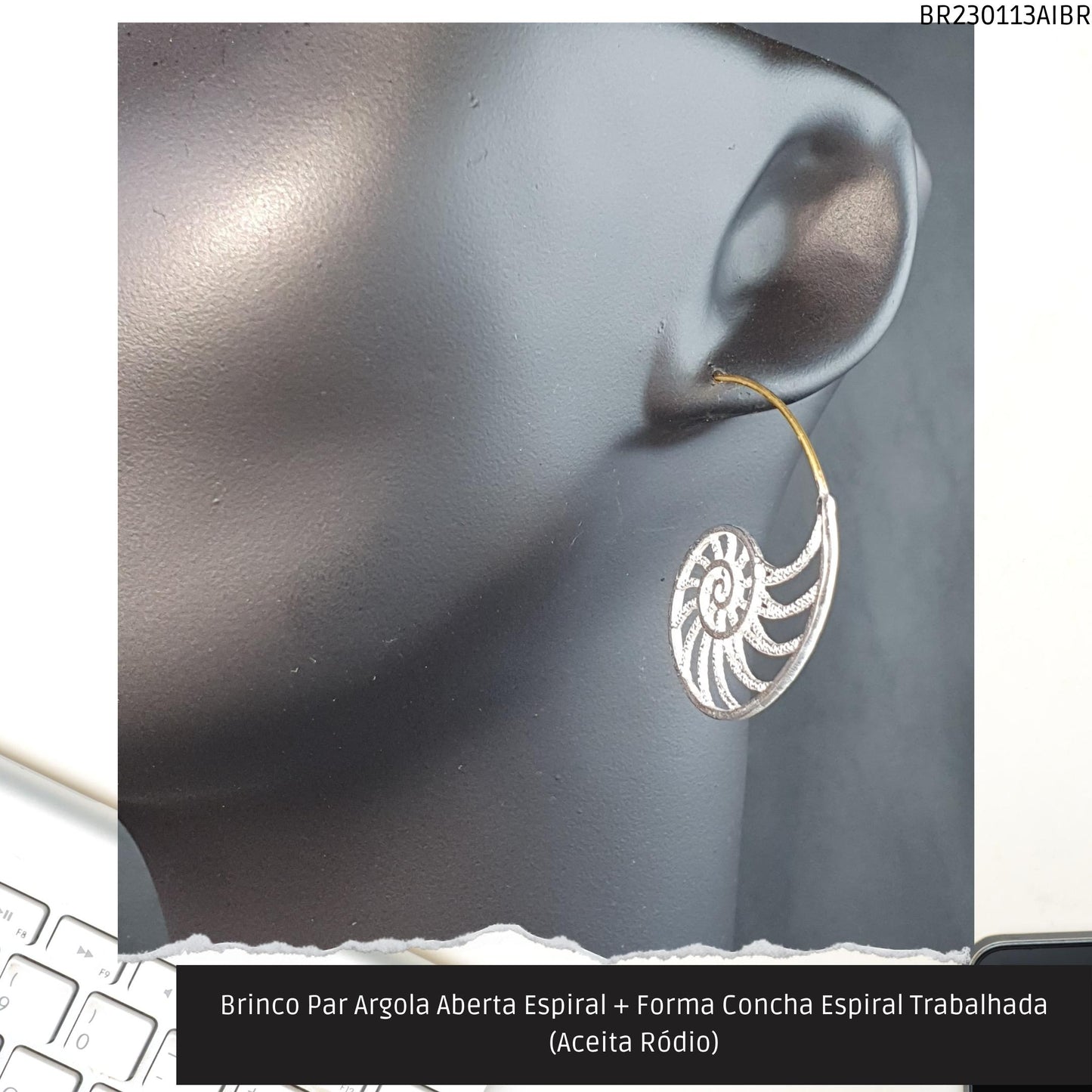 Brinco Par Argola Aberta Espiral + Forma Espiral Trabalhada (Aceita Ródio)  - Código.: BR230113AIBR  - Peso.: 6.9 gr