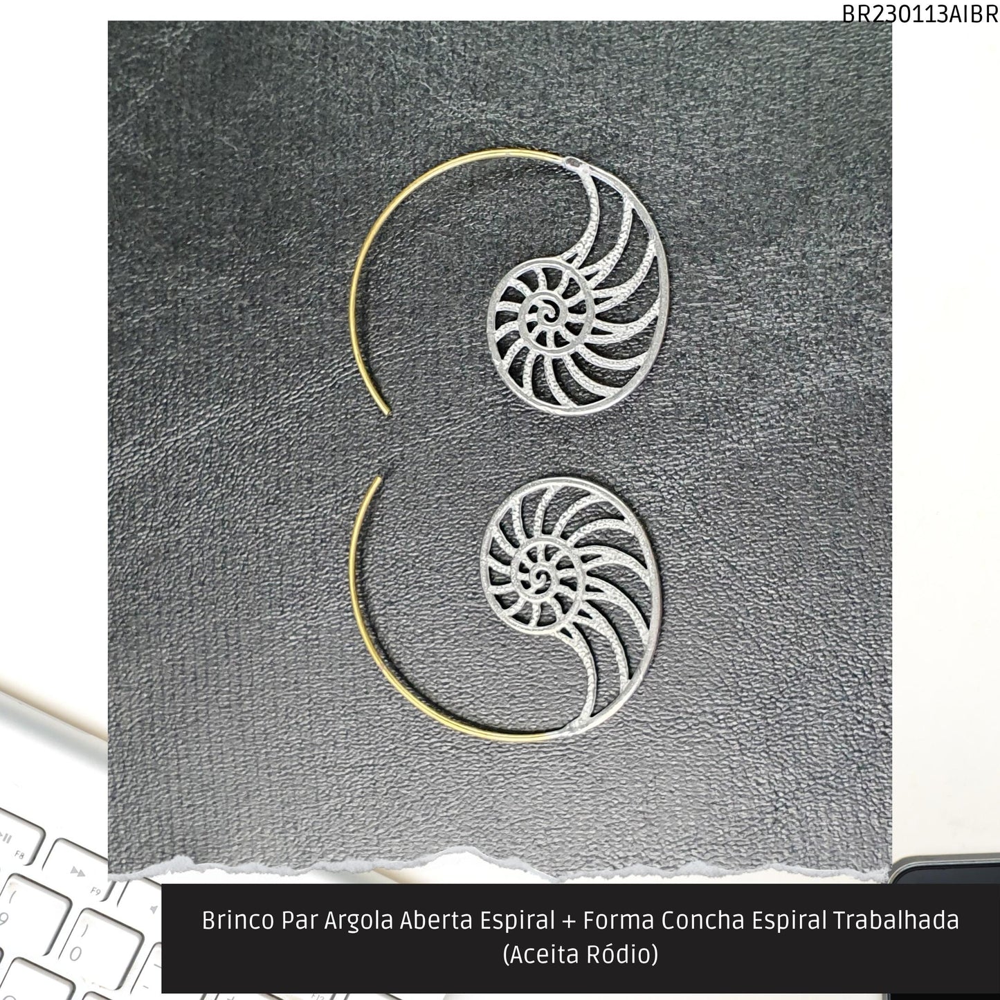 Brinco Par Argola Aberta Espiral + Forma Espiral Trabalhada (Aceita Ródio)  - Código.: BR230113AIBR  - Peso.: 6.9 gr