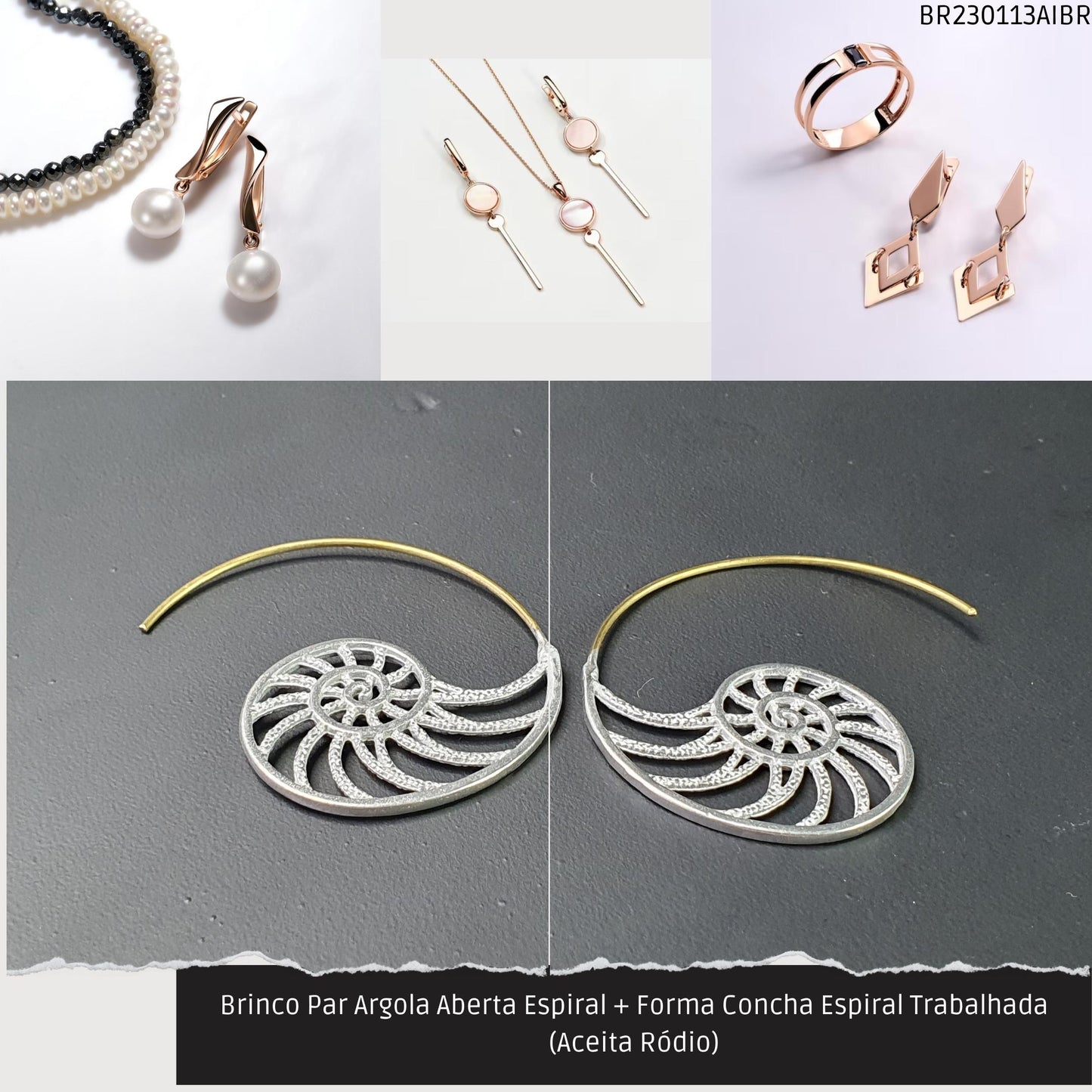 Brinco Par Argola Aberta Espiral + Forma Espiral Trabalhada (Aceita Ródio)  - Código.: BR230113AIBR  - Peso.: 6.9 gr