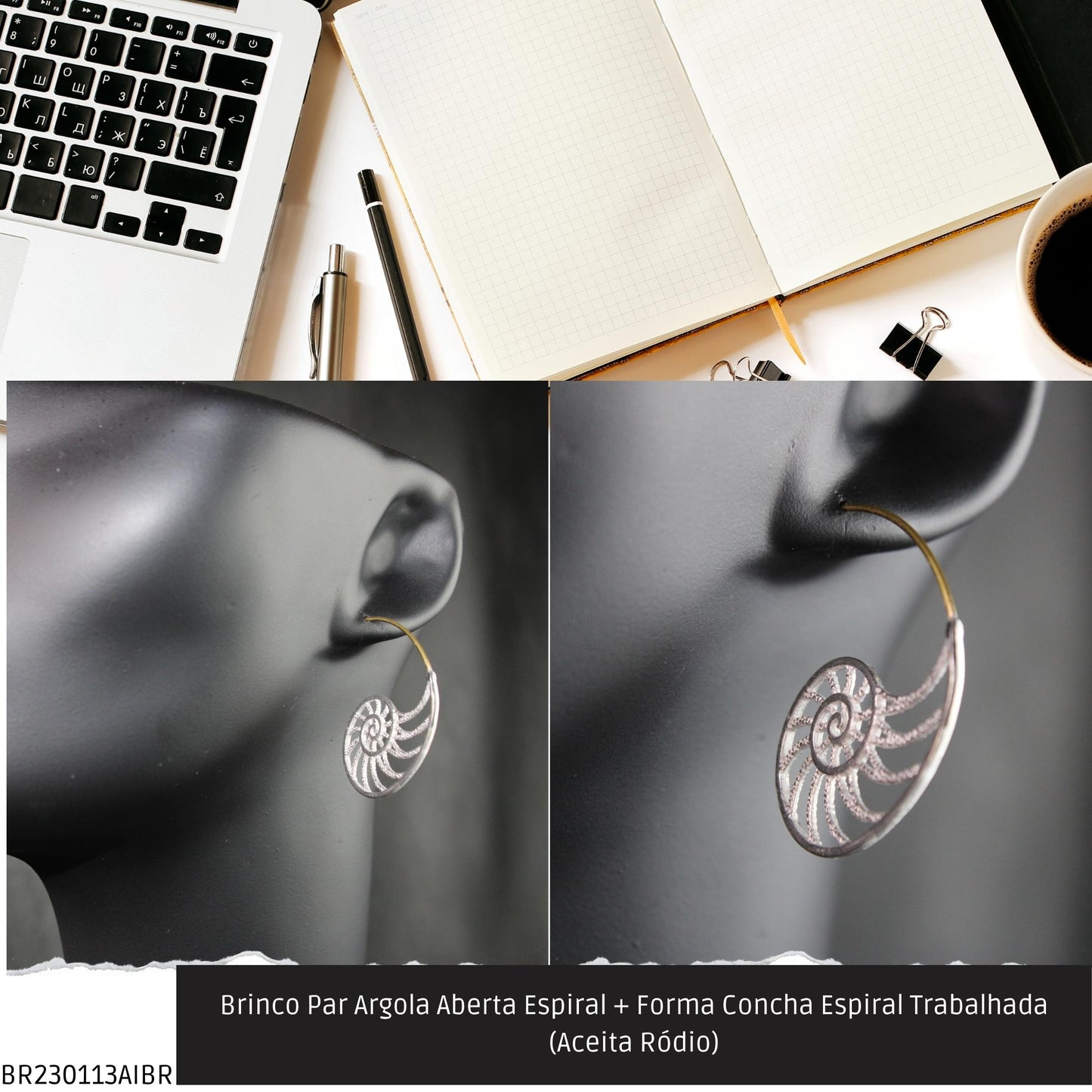 Brinco Par Argola Aberta Espiral + Forma Espiral Trabalhada (Aceita Ródio)  - Código.: BR230113AIBR  - Peso.: 6.9 gr