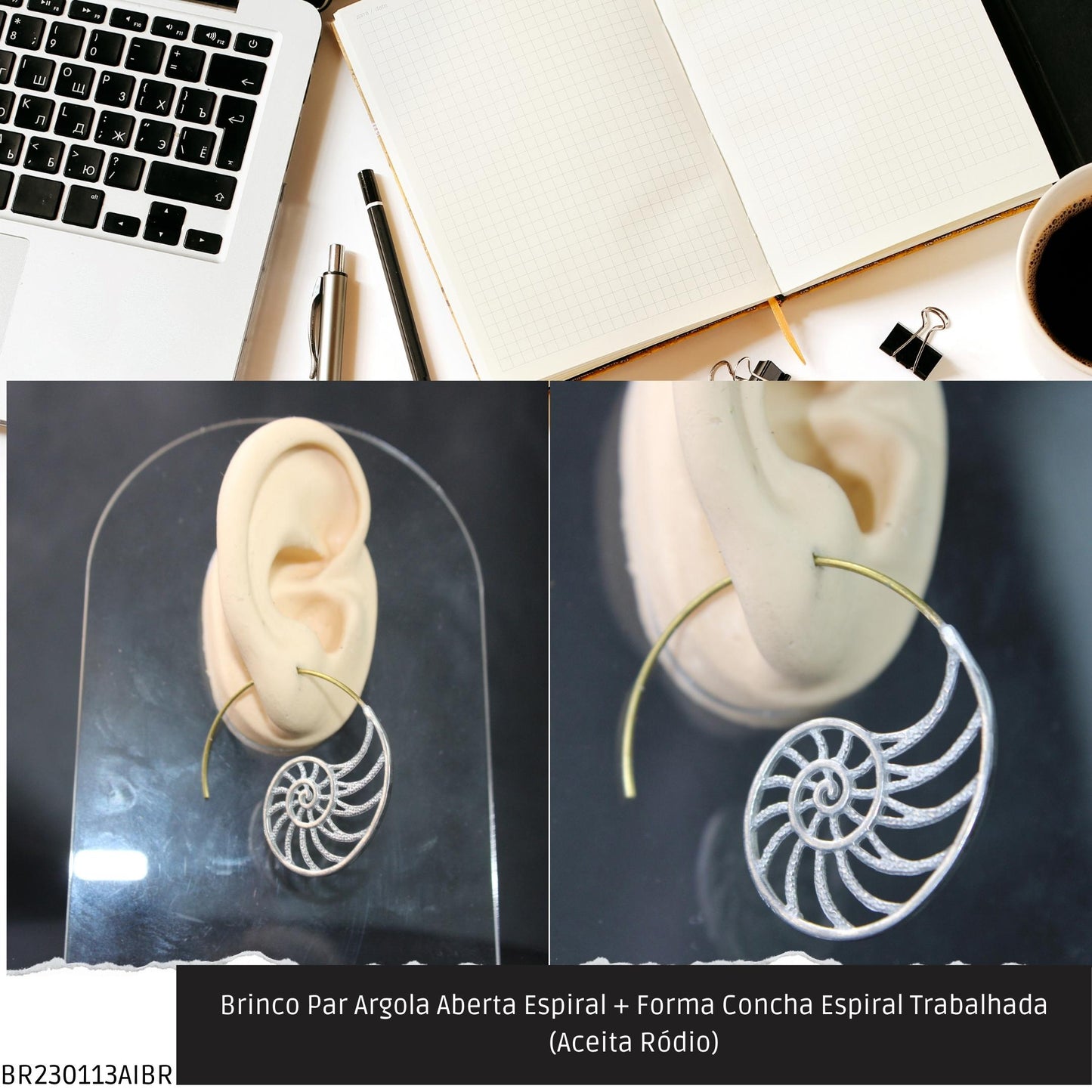 Brinco Par Argola Aberta Espiral + Forma Espiral Trabalhada (Aceita Ródio)  - Código.: BR230113AIBR  - Peso.: 6.9 gr