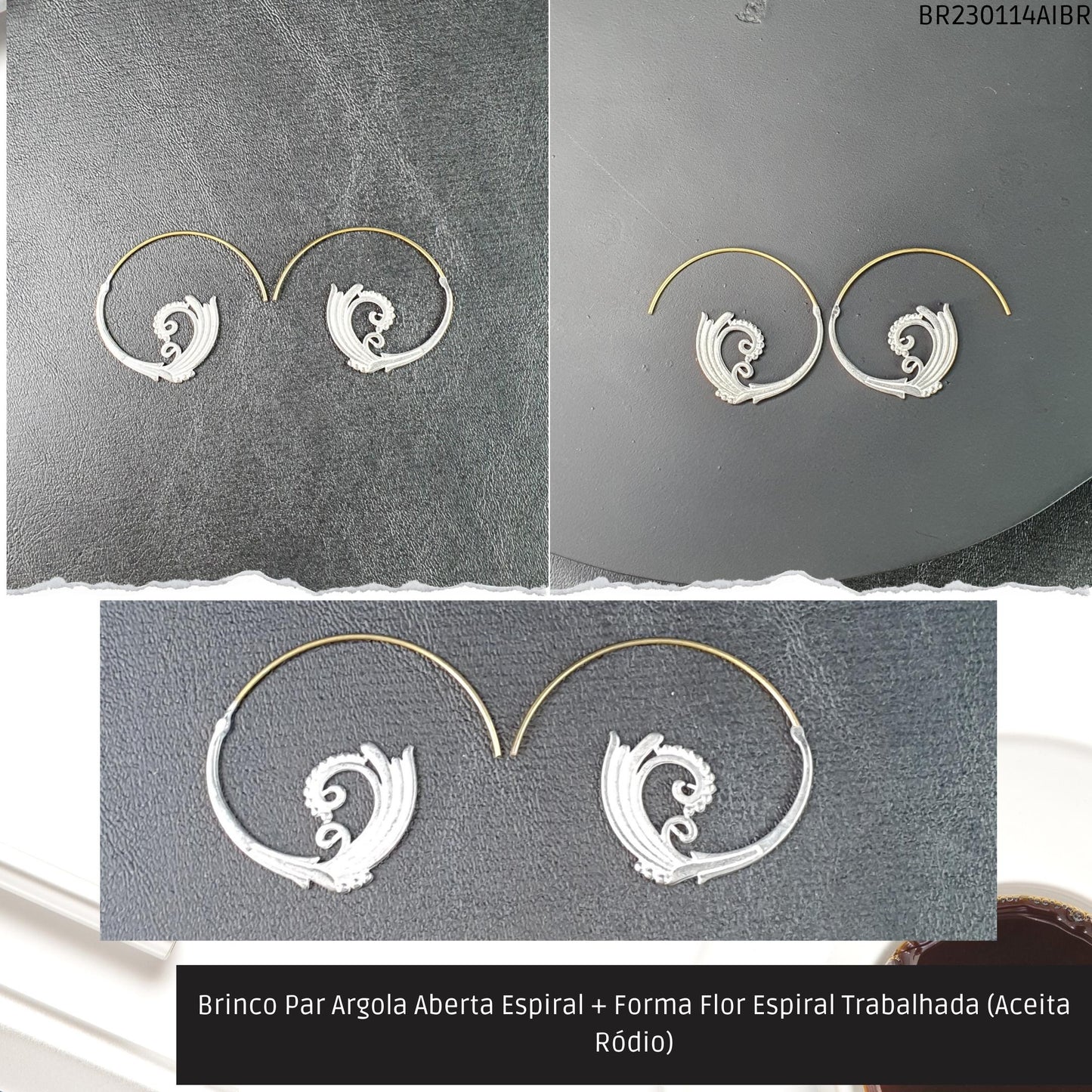Brinco Par Argola Aberta Espiral + Forma Água Trabalhada (Aceita Ródio)  - Código.: BR230114AIBR  - Peso.: 6.0 gr