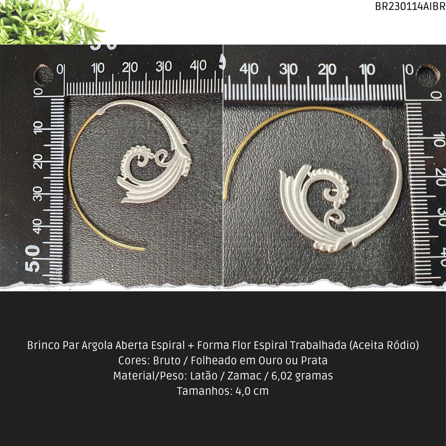 Brinco Par Argola Aberta Espiral + Forma Água Trabalhada (Aceita Ródio)  - Código.: BR230114AIBR  - Peso.: 6.0 gr