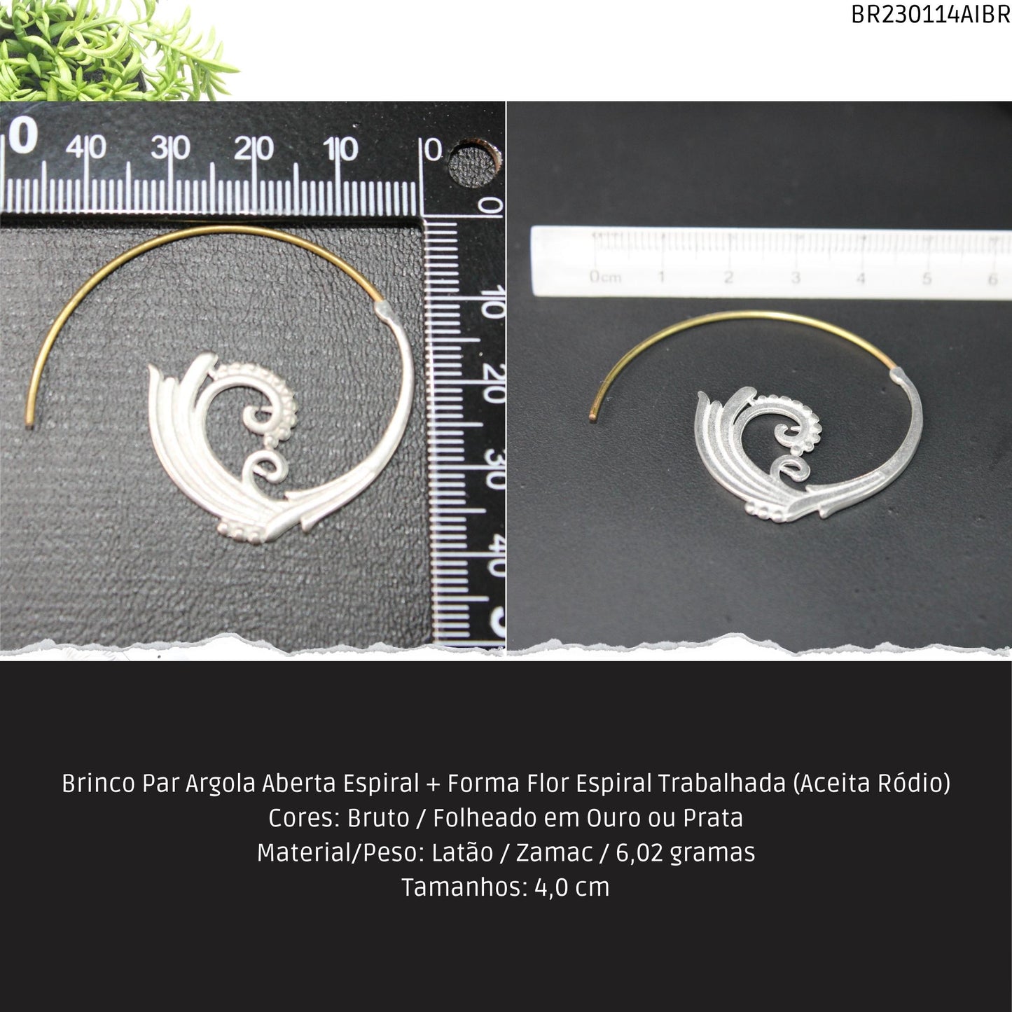 Brinco Par Argola Aberta Espiral + Forma Água Trabalhada (Aceita Ródio)  - Código.: BR230114AIBR  - Peso.: 6.0 gr
