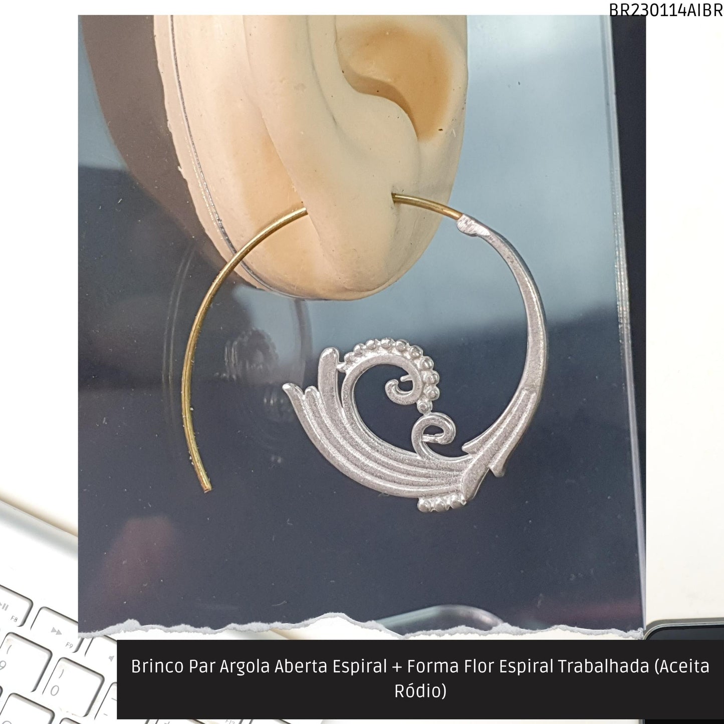 Brinco Par Argola Aberta Espiral + Forma Água Trabalhada (Aceita Ródio)  - Código.: BR230114AIBR  - Peso.: 6.0 gr