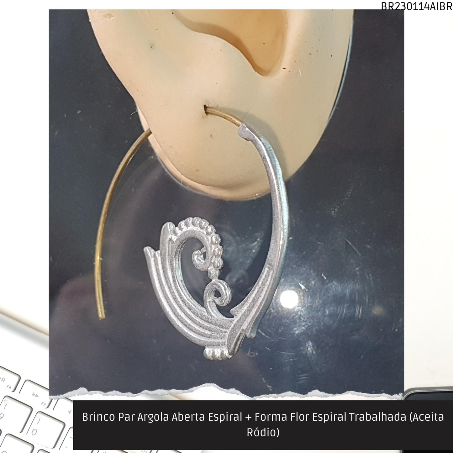Brinco Par Argola Aberta Espiral + Forma Água Trabalhada (Aceita Ródio)  - Código.: BR230114AIBR  - Peso.: 6.0 gr