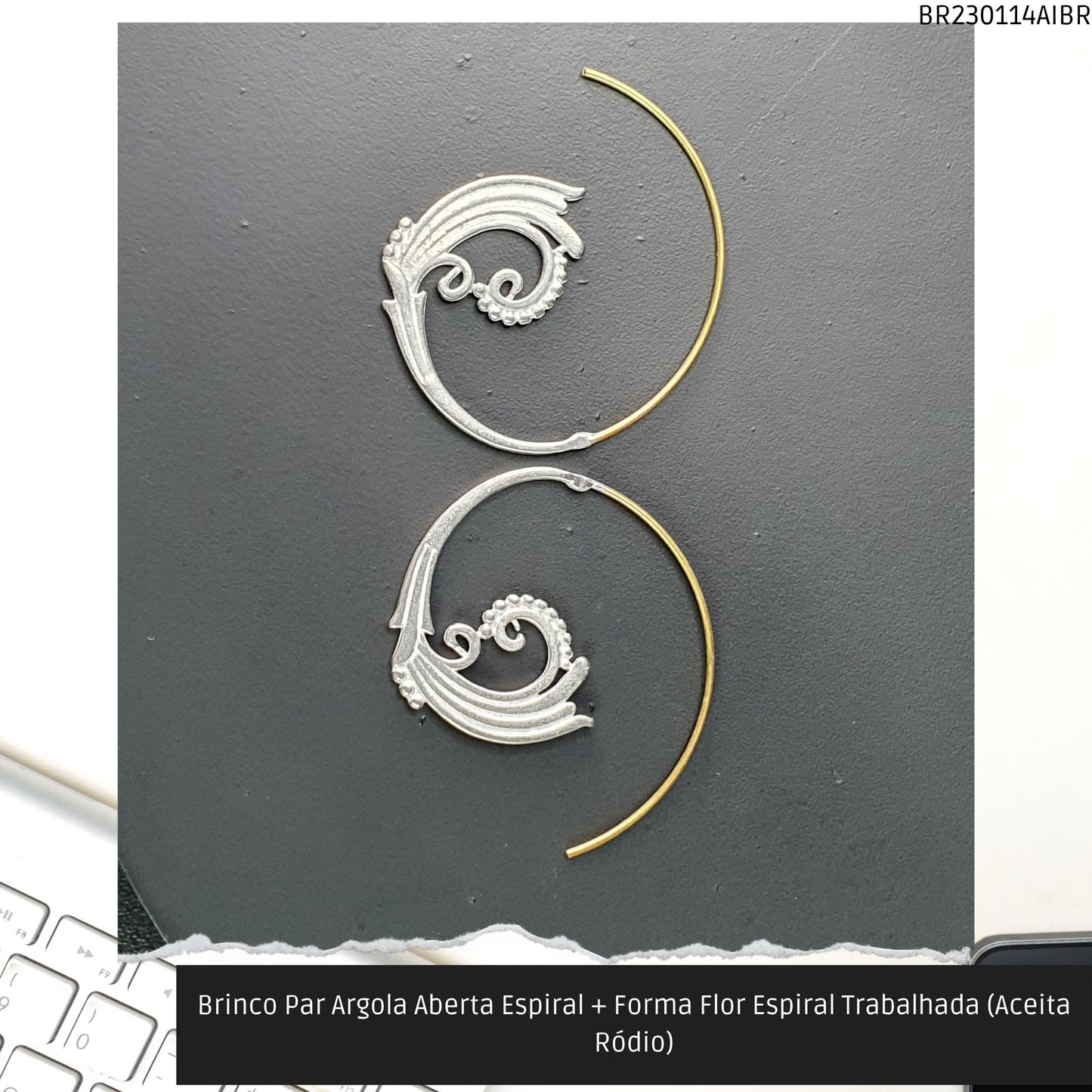 Brinco Par Argola Aberta Espiral + Forma Água Trabalhada (Aceita Ródio)  - Código.: BR230114AIBR  - Peso.: 6.0 gr